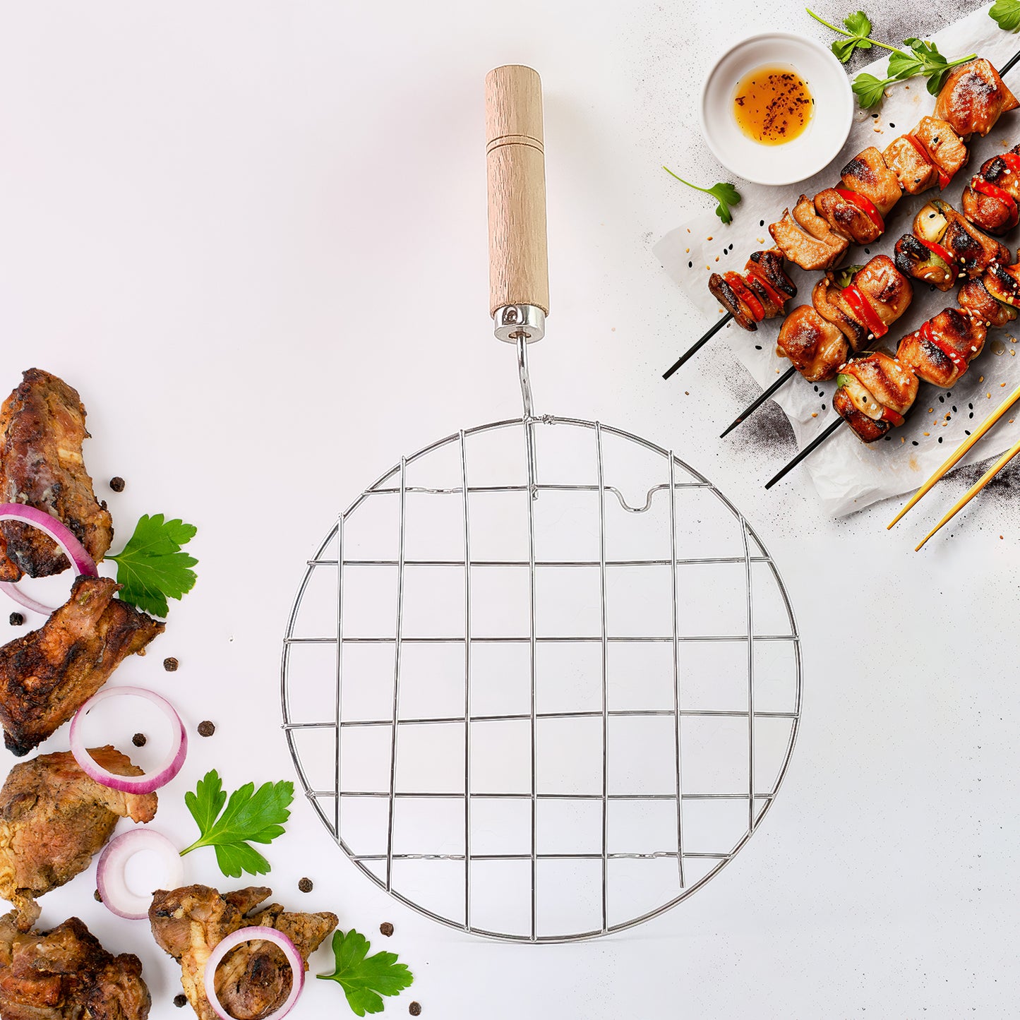 Kitchen Round Stainless Steel Roaster Papad Jali Barbecue Grill With Wooden Handle - Happy Price - Image 4