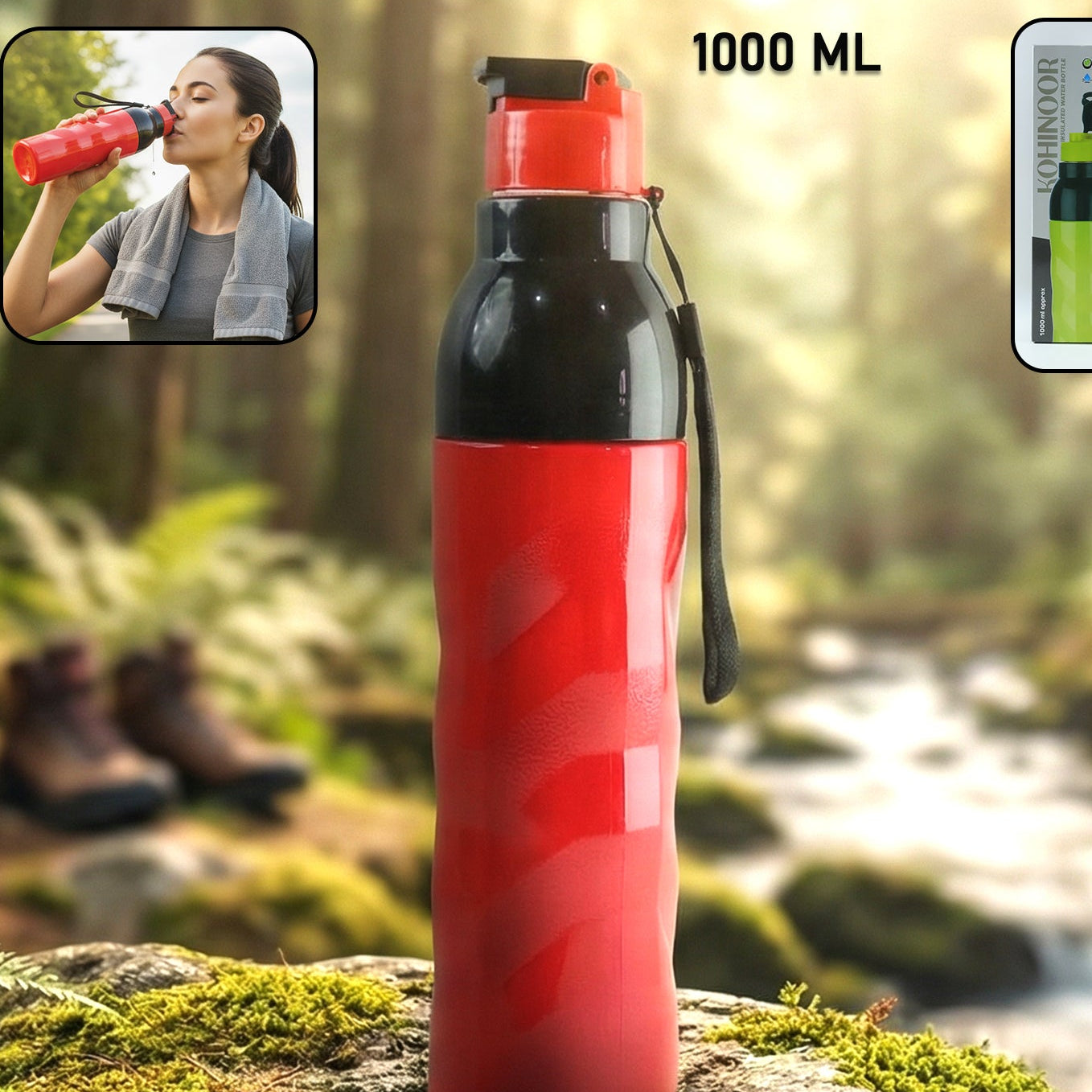 1000 ML Plastic Sports Water Bottle with Flip Lid and Strap (1 Pc) - Happy Price - Image 1