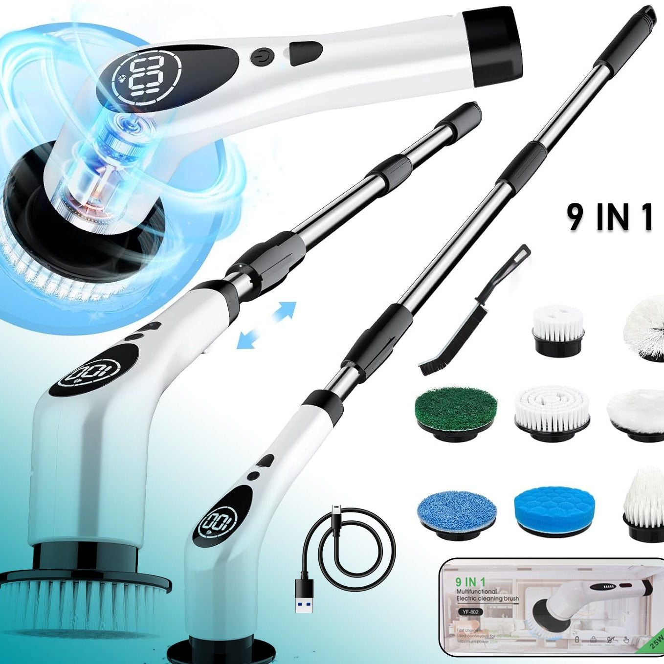 9-in-1 Electric Spin Scrubber Set with Extendable Handle & LCD Display - Happy Price - Image 1