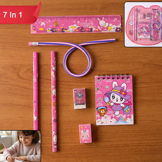 7-in-1 Cute Pink Stationery Kit for Kids - Includes Ruler, Pencils, Eraser, Sharpener & Notebook - Happy Price - Image 1