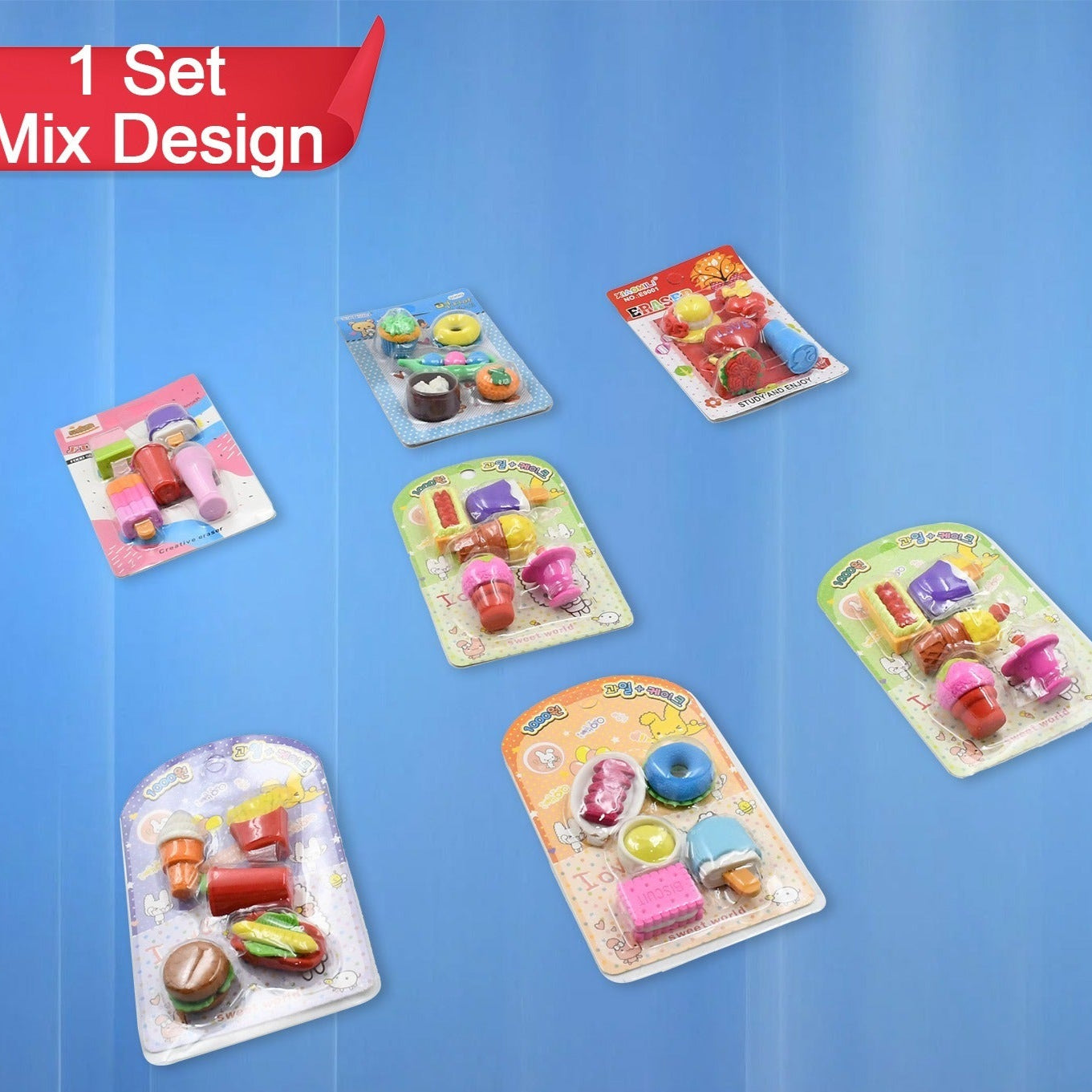 Mix Design 1set Fancy  Stylish Colorful Erasers For Children Different Designs  Mix Eraser Set For Return Gift Birthday Party School Prize (1set 5pc) - Happy Price - Image 1