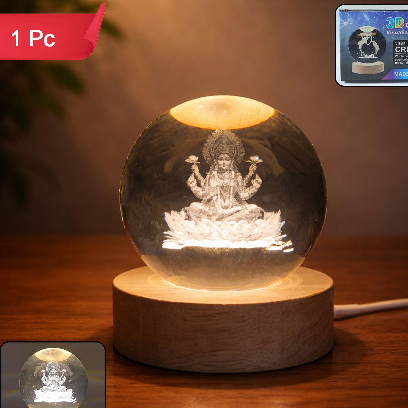 3D Crystal Lakshmi Ball LED Lamp with Wooden Base - Spiritual Decor Light - Happy Price - Image 1