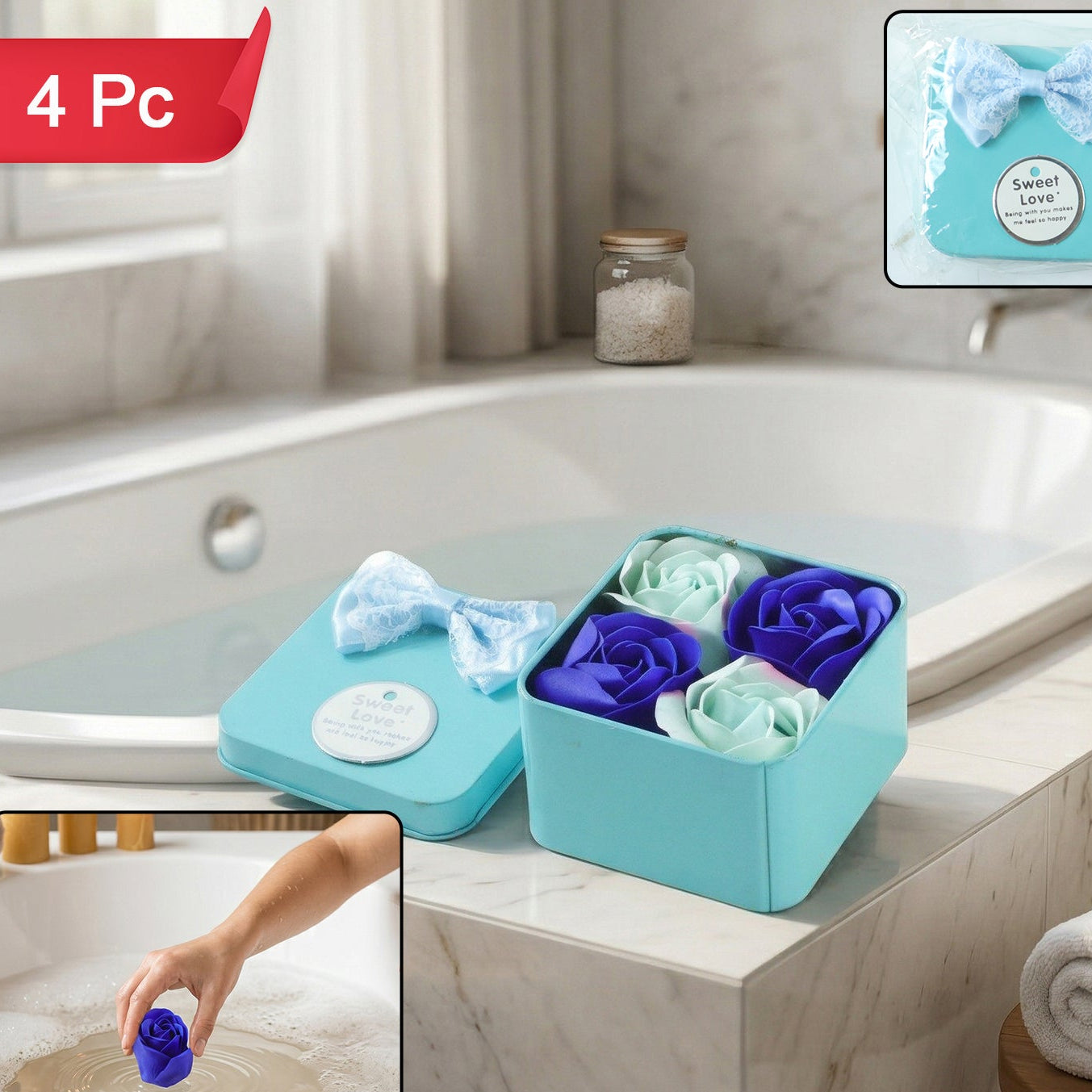 Luxury Rose Flower Bath Soap Gift Set With Storage Box 4 Pc