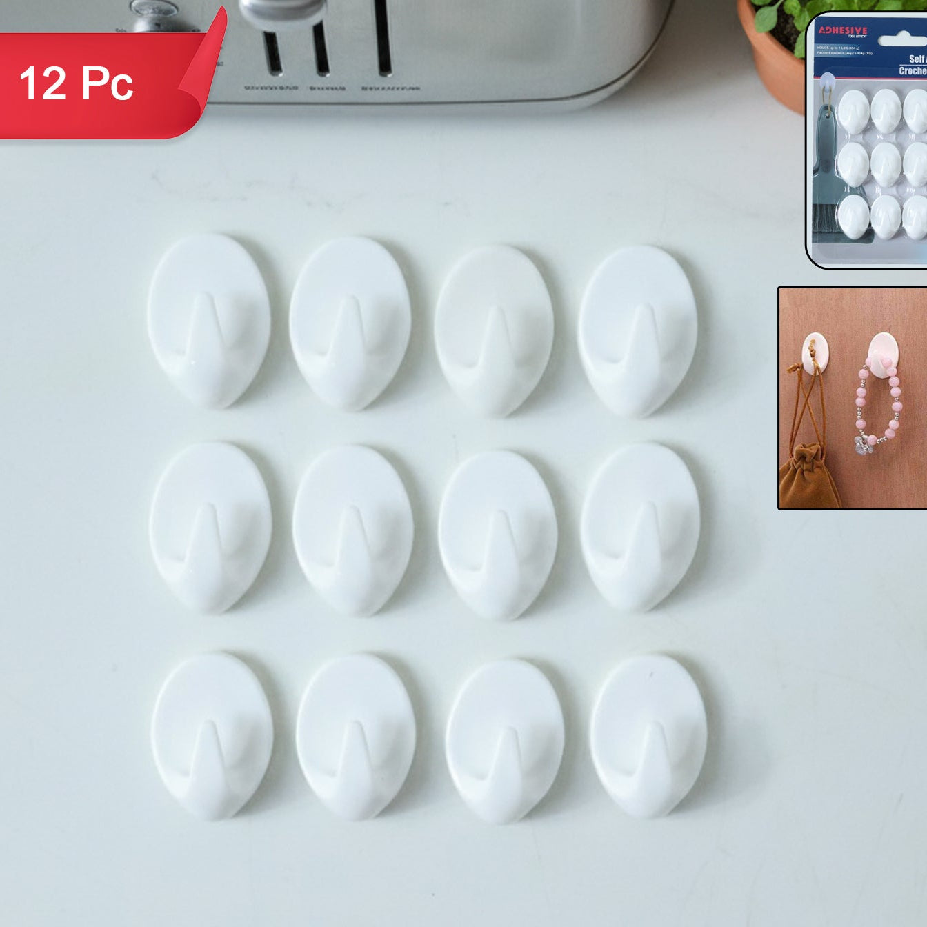 Set of 12 Strong Adhesive Wall Hooks for Home & Office - Happy Price - Image 1