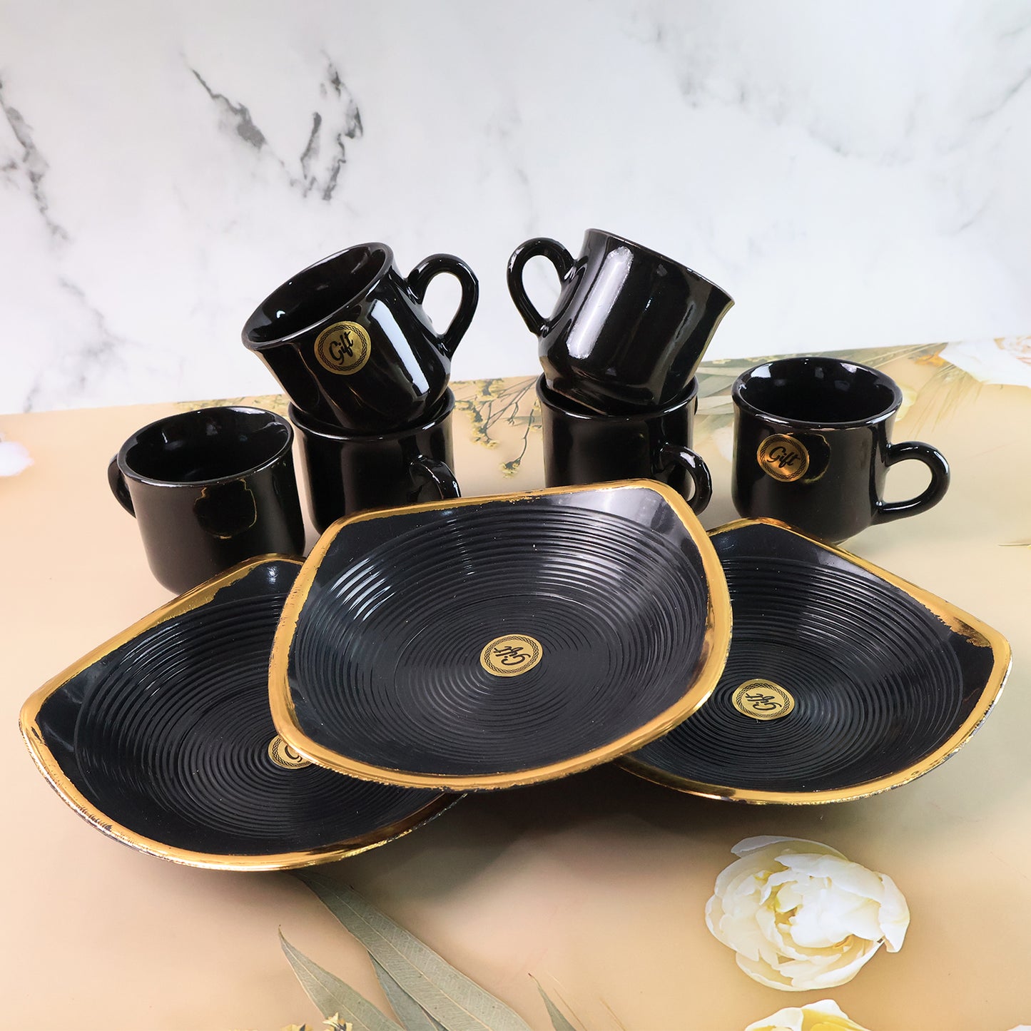 Ceramic Tea Cups and Seashell Bowls Set - 8 Pcs for Coffee, Milk, Breakfast & Gifts - Happy Price - Image 6