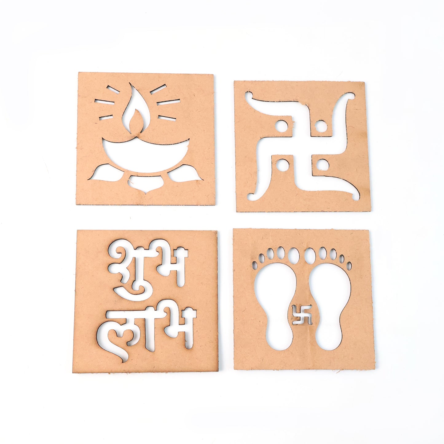 Wooden Decorative Cutouts Set - 4 Pcs Shubh Labh, Swastik, Diya & Footprint Designs for Home Decor - Happy Price - Image 2