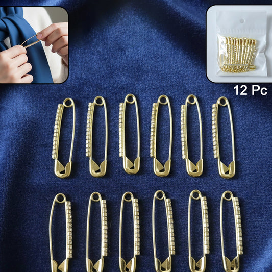 Decorative Golden Safety Pin Brooch Set (12 Pc Set)