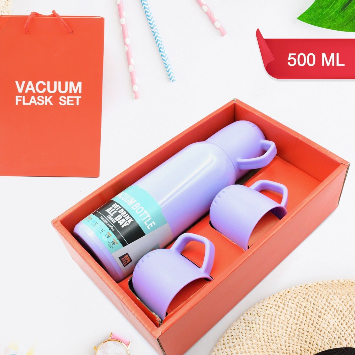 Vacuum Flask Set Stainless Steel Thermos With 3 Cup Creative Gift Set With Cover Handle Portable Car Water Bottle Set (Approx 500ml) - Happy Price - Image 1