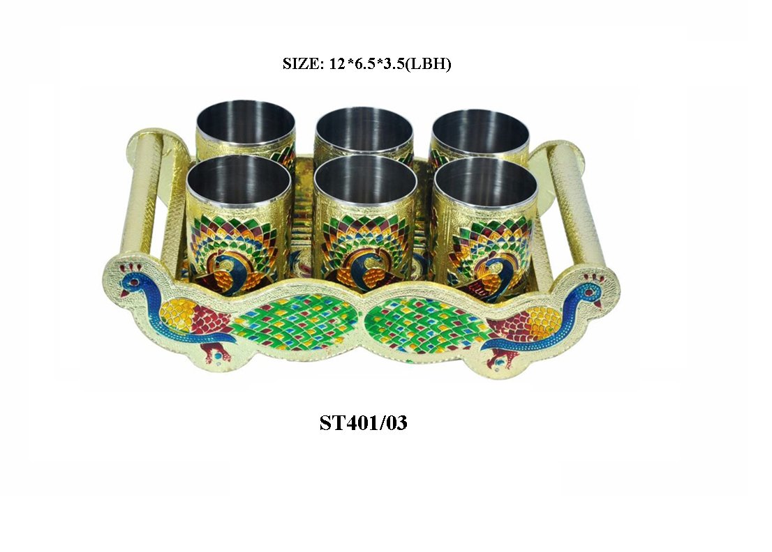 Peacock Design Glass With Handle And Handicraft Serving Tray Set - Happy Price - Image 4