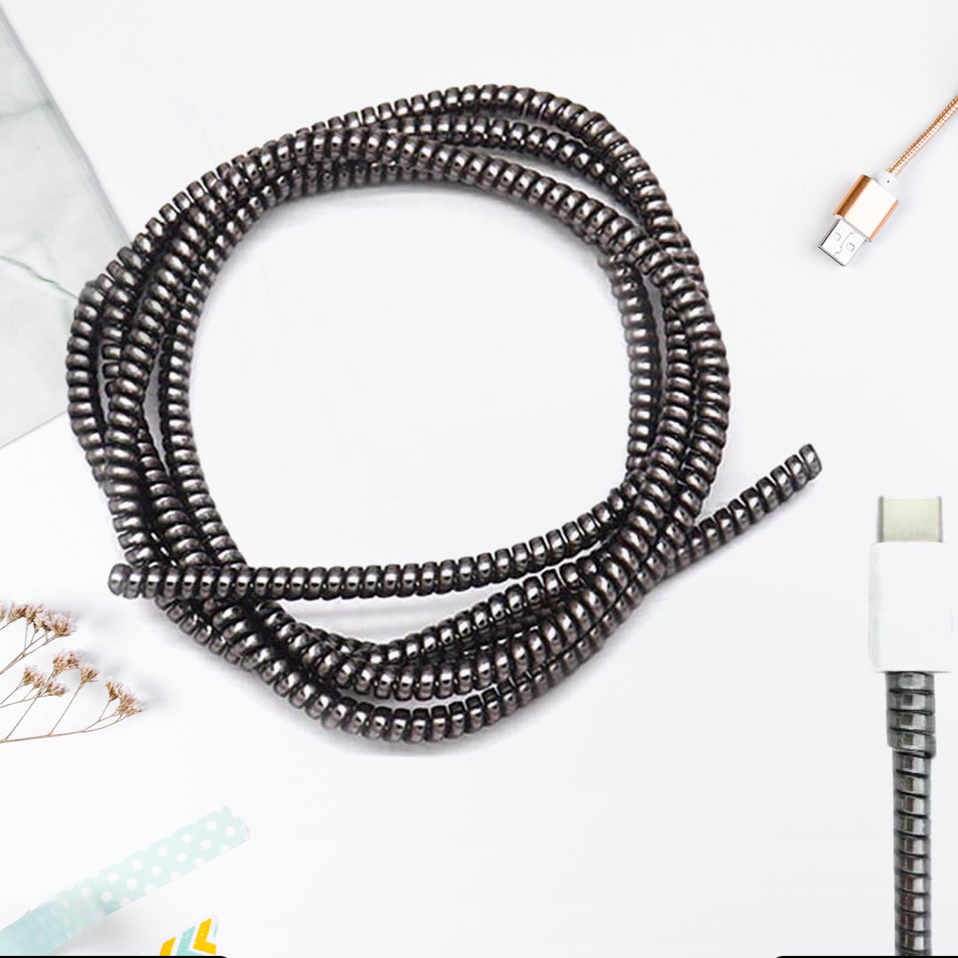 Metallic Finish Cable Spiral Protectorwire Repairpet Cord Protectorheadphone Saver Cable Wrapcover For Mac Charging Cable - Happy Price - Image 1