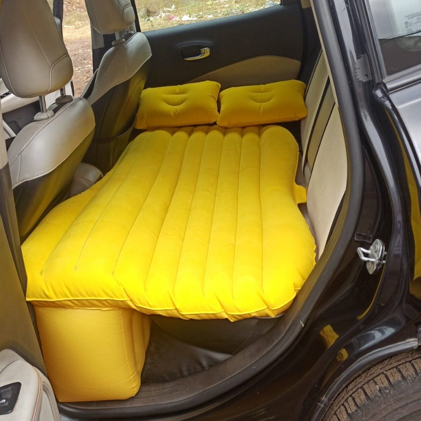 Car Inflatable Bed With 2 Pillows   Air Pump (Portable) For Travel Camping Vacation  Polyester Inflatable Travel Car Bed Air Sofa With Two Inflatable Pillow And Air Pump For Car Back Seat Air Pump Random Colour - Happy Price - Image 3