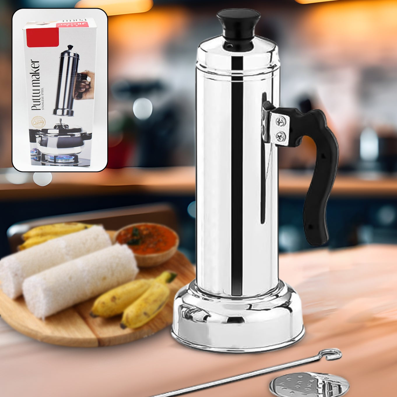 Puttu Maker With Steamer Plate Metal Stick Black Plastic Handle Silver Lid  Puttu Maker Set  To Use With Pressure Cooker Top Food Grade Stainless Steel - Happy Price - Image 1