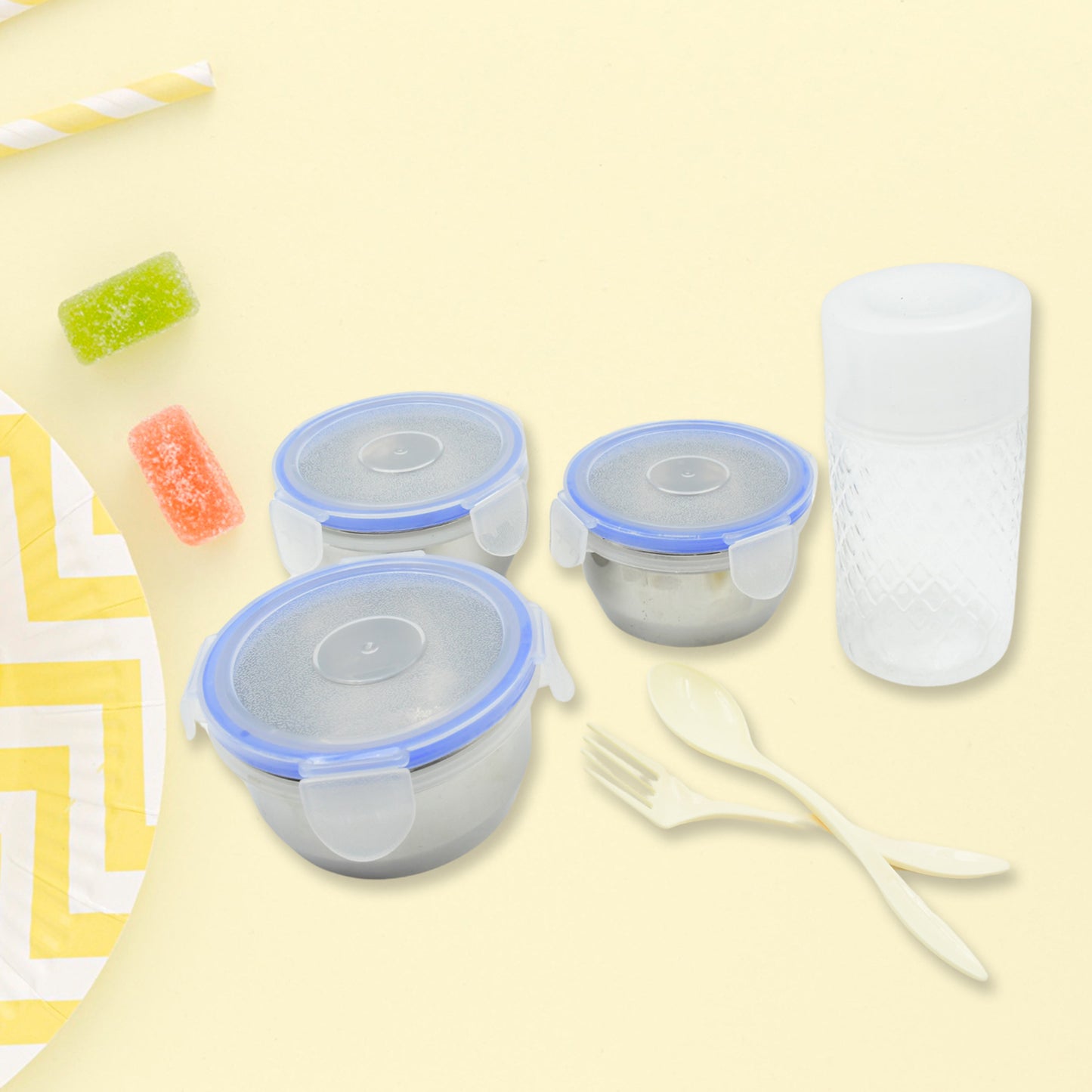 6in1 Tiffin Box-lunch Box  3 Stainless Steel Containers  Plastic Lid Box  Spoon  Fork Plastic Bottle  Insulated Fabric Bag  Leak Proof  Microwave Safe  For Office College And School For Men Women (6 Pcs) - Happy Price - Image 5