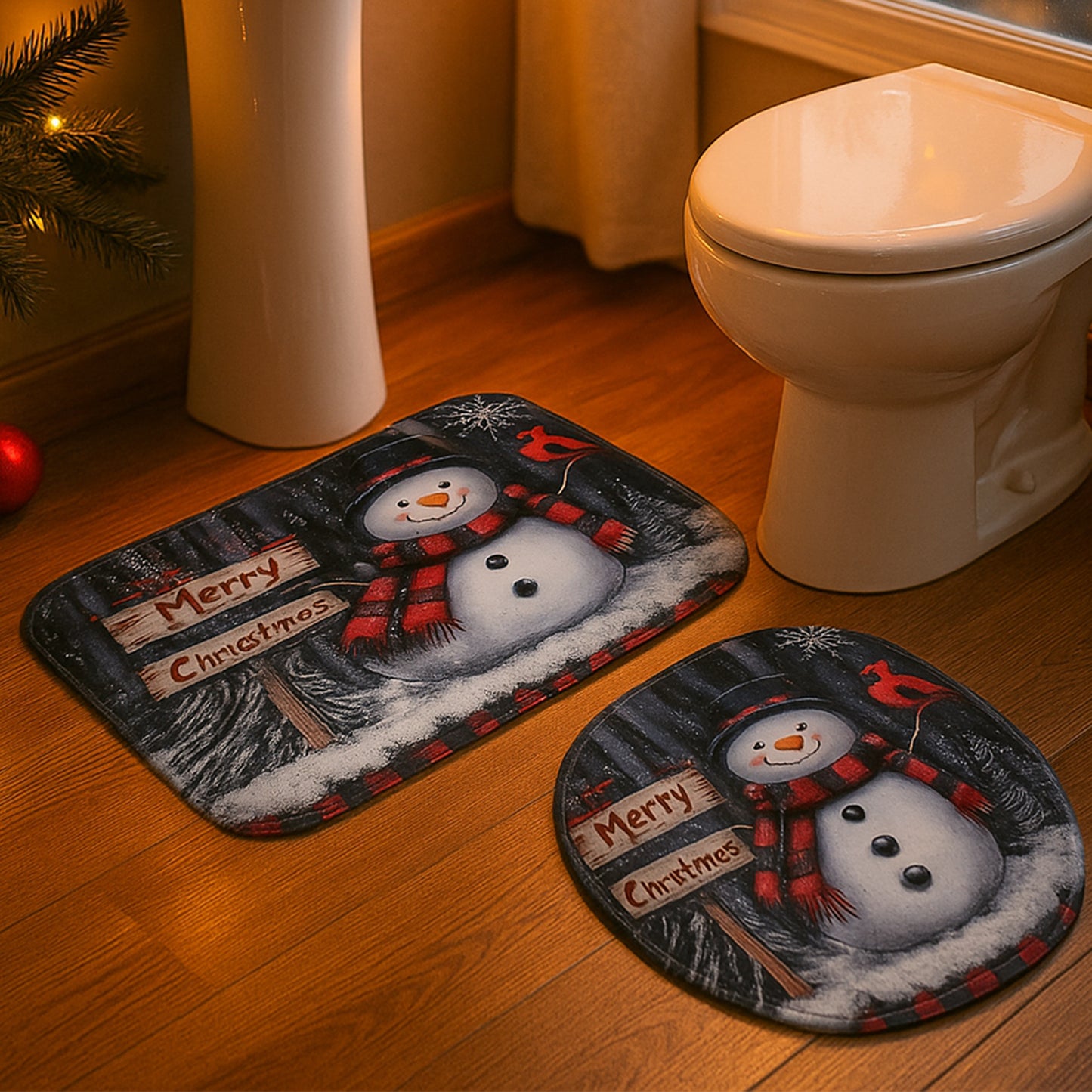 3-Piece Christmas Snowman Bathroom Mat Set - Non-Slip Microfiber Bath Rug, U-Shape Mat & Toilet Lid Cover - Happy Price - Image 7