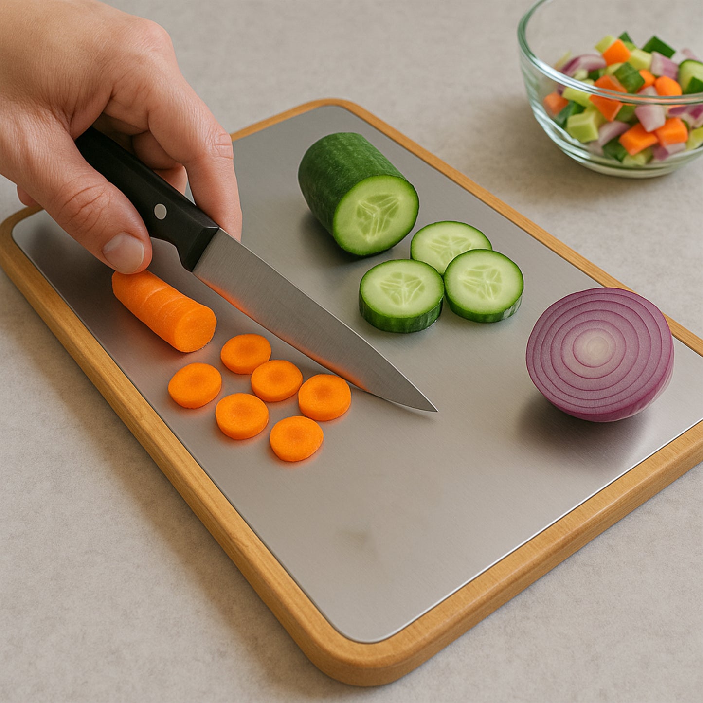 Steel and Wood Chopping Board with Handle - 35x25 cm (1 Pc) - Happy Price - Image 5