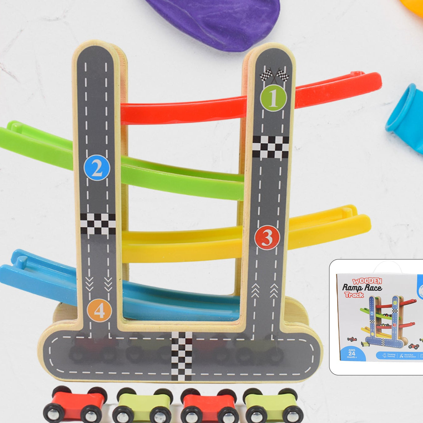 Car Racer Track Play Set Wooden Click Clack Toys With 4 Mini Racers (1 Set) - Happy Price - Image 1