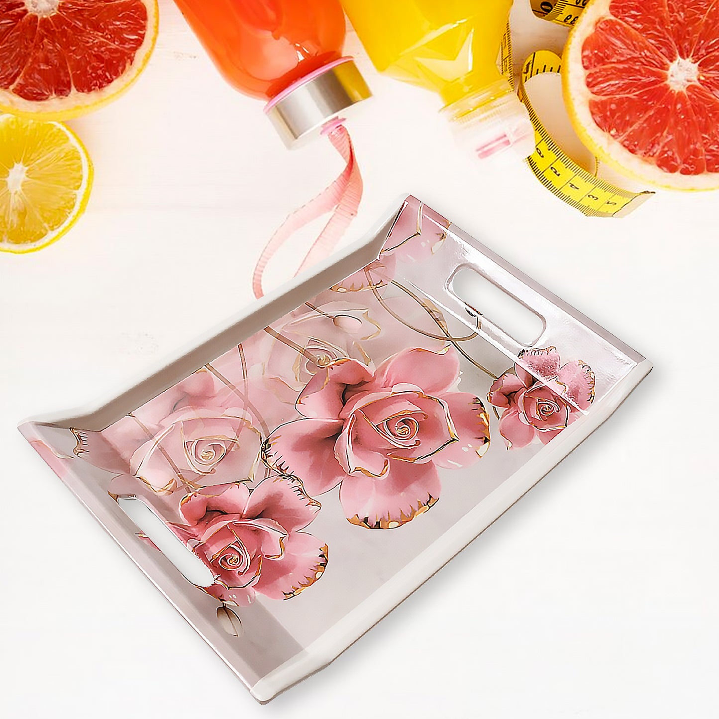 Plastic Rectangular Shape Flower Printed Design Serving Tray 3 Pcs Home And Kitchen Use (3 Pcs Set) - Happy Price - Image 4
