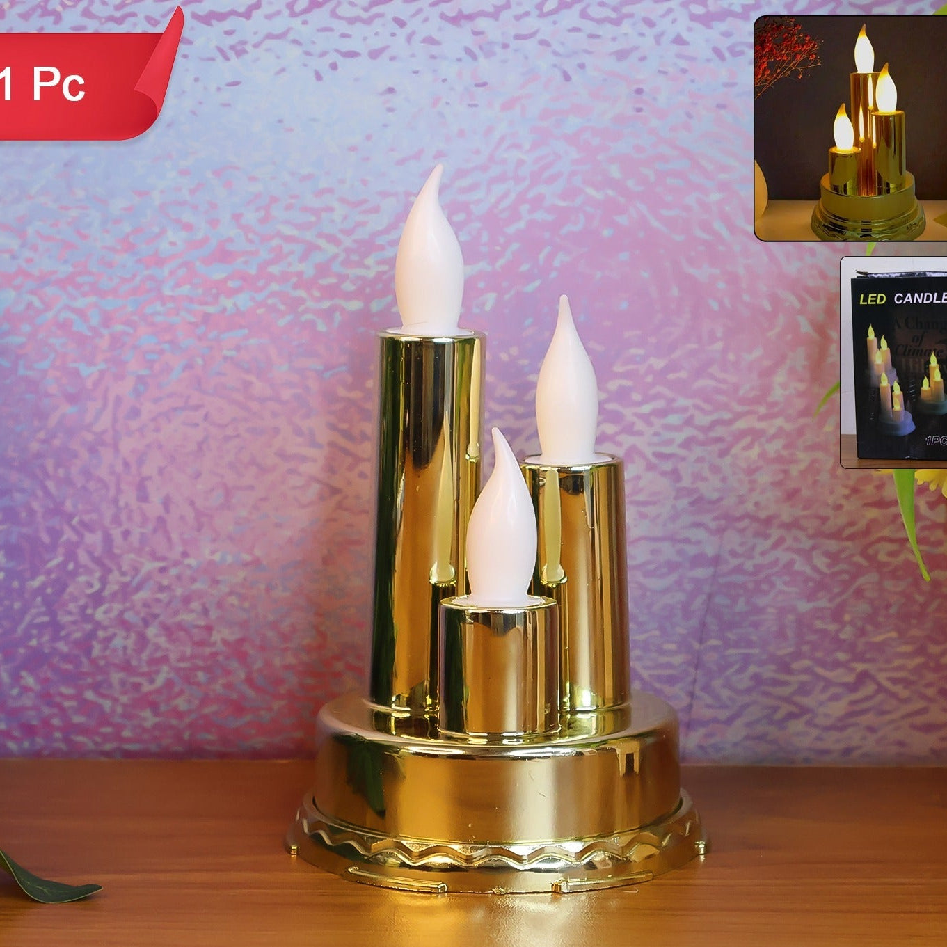 Golden Triple LED Flameless Candle Lamp (1 Pc) - Safe & Elegant Home Decor - Happy Price - Image 1