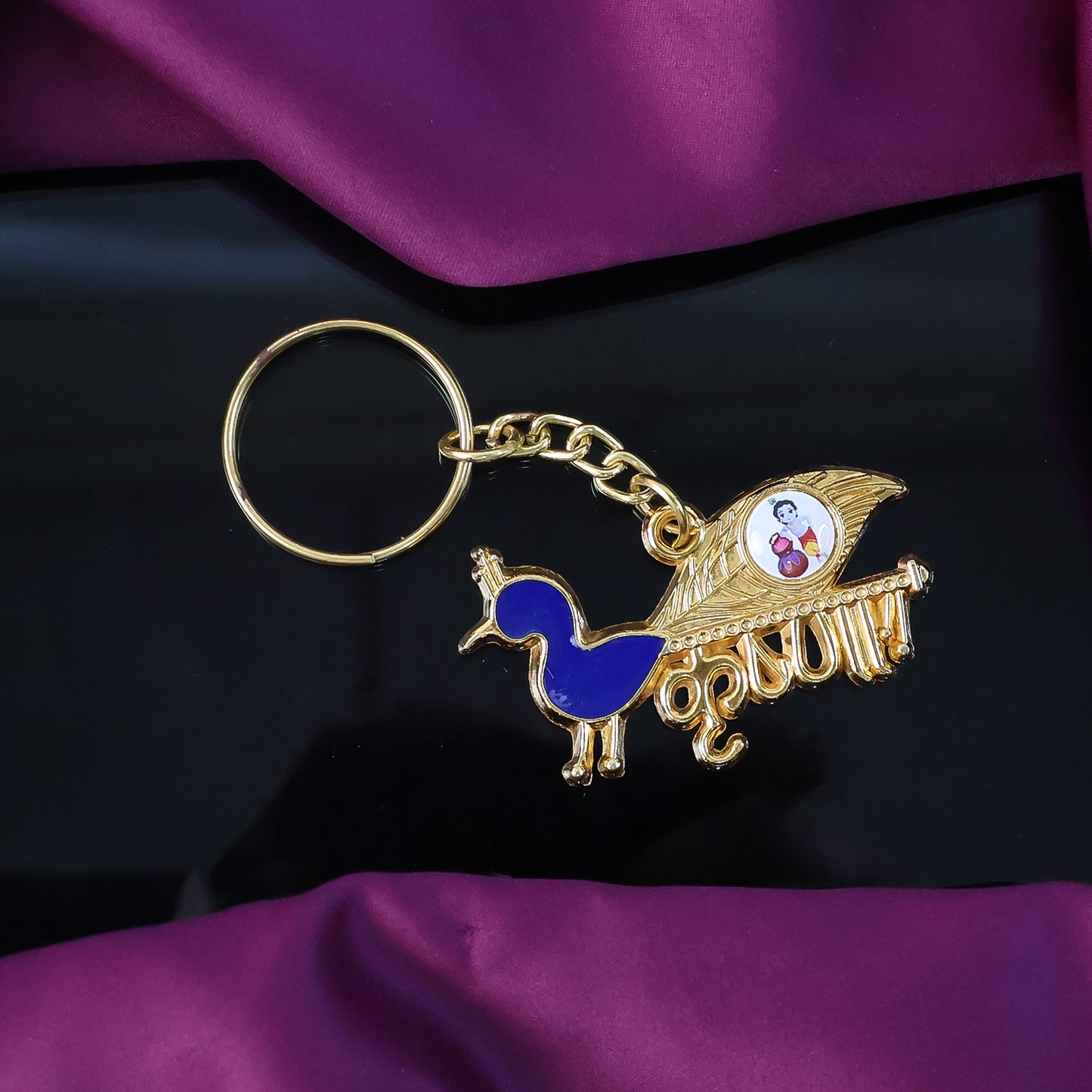 Decorative Krishna Metal Keychain with Peacock Enamel Charm - Gold Tone - Happy Price - Image 2