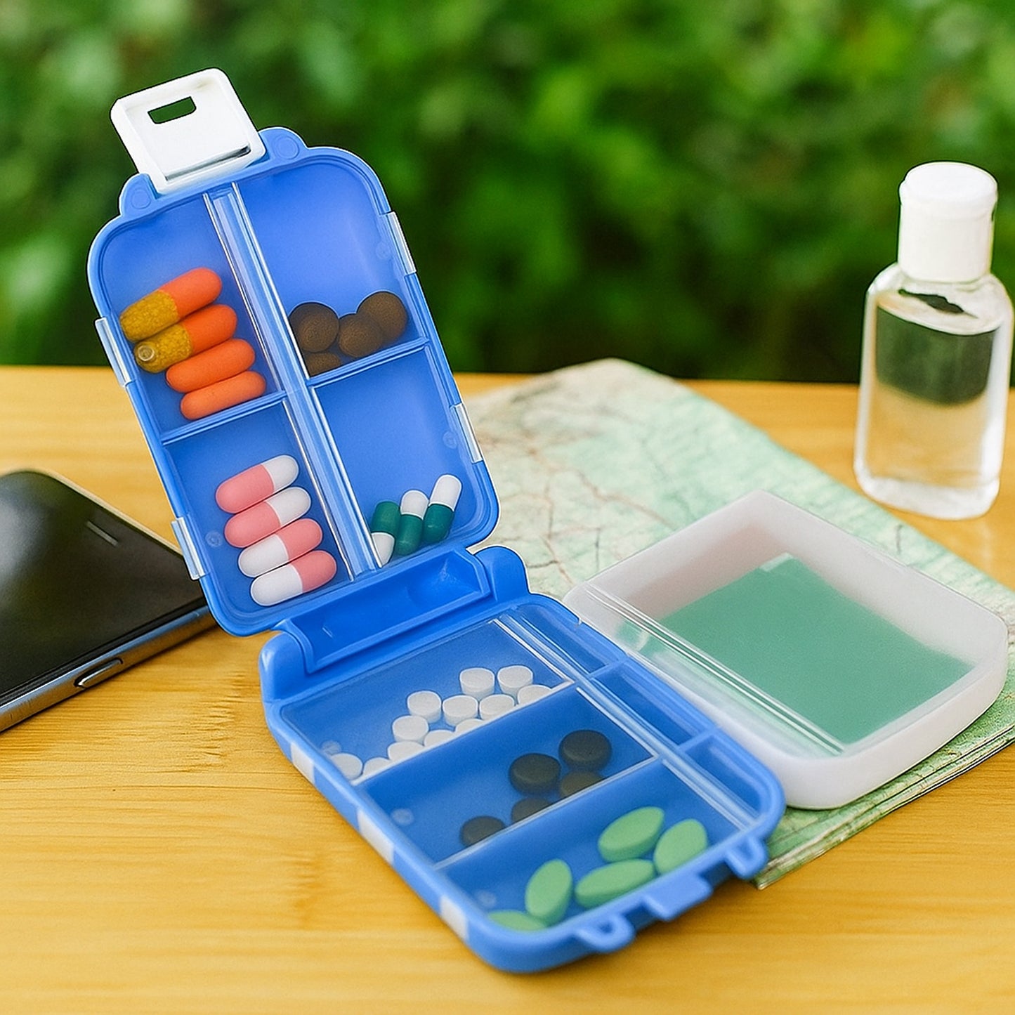 Portable Dual-Sided Pill Organizer Box - 8 Compartments, Blue - Happy Price - Image 3