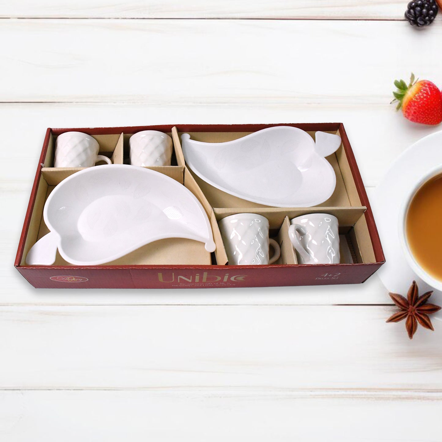 Unibic Ceramic Tea Cups With Plastic Leaf Shape Tray  Platter (6 Pcs Set) - Happy Price - Image 5