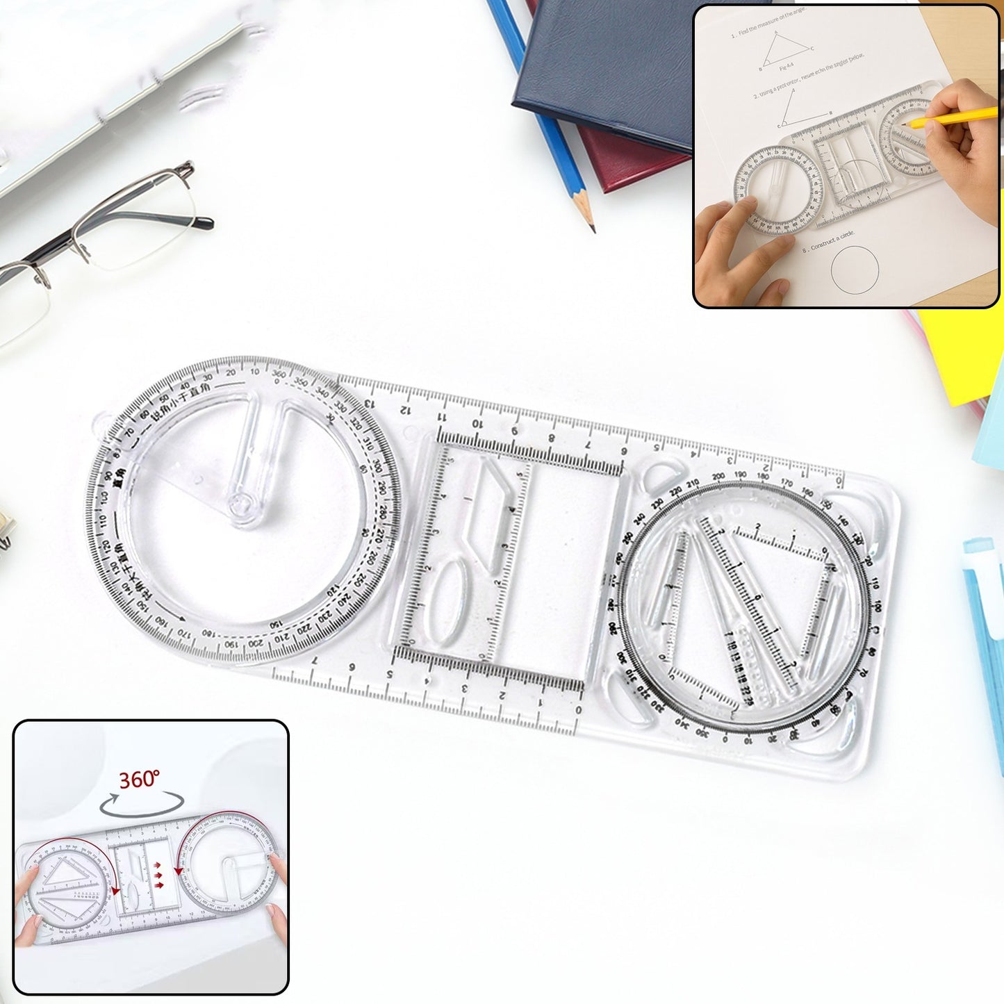 1 Pc Multi-Purpose Geometry Drawing Tool with Ruler, Protractor & Stencils - Happy Price - Image 3