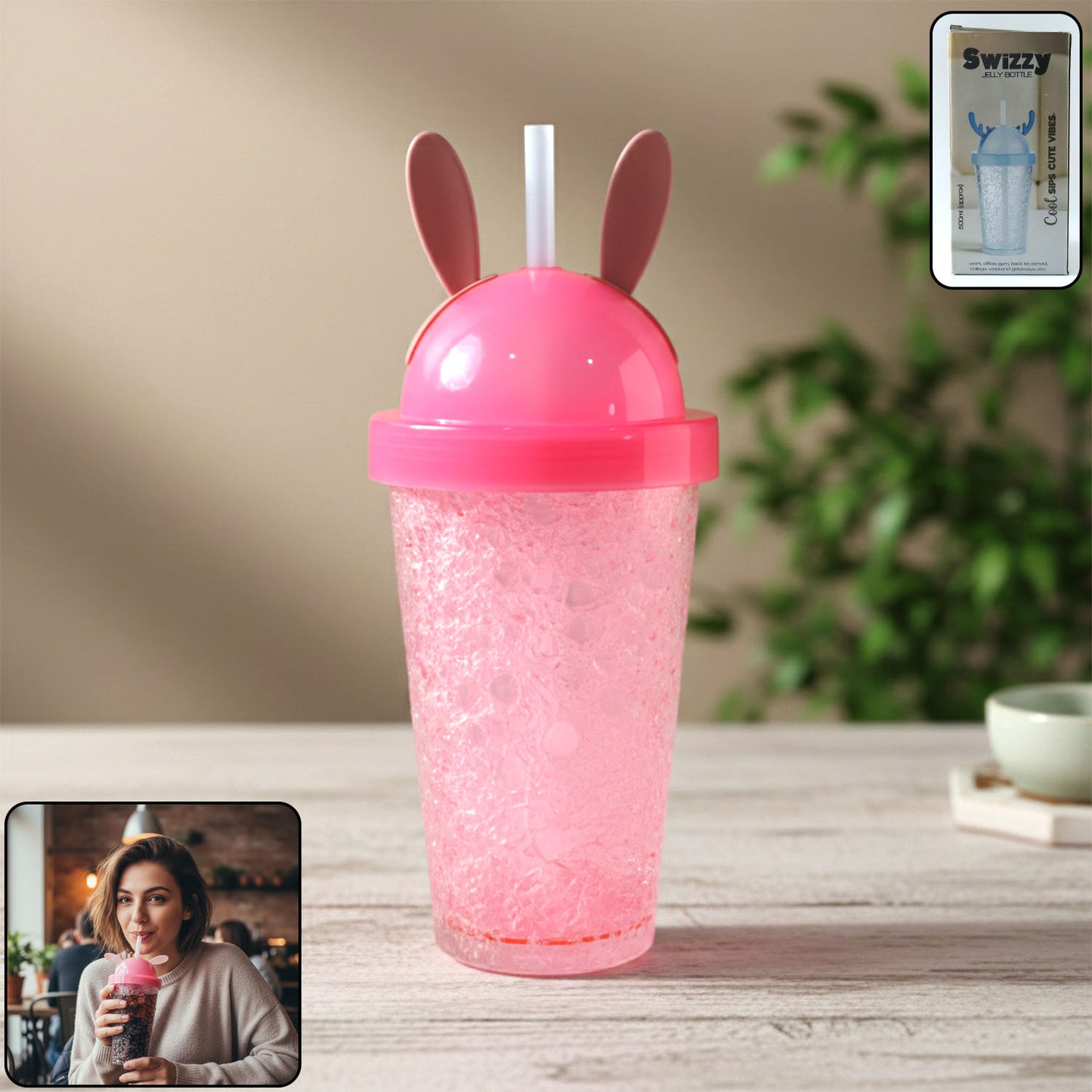 Cute Bunny Ear Sipper Bottle with Straw Lid - 500 ML, 1 Pc - Happy Price - Image 2
