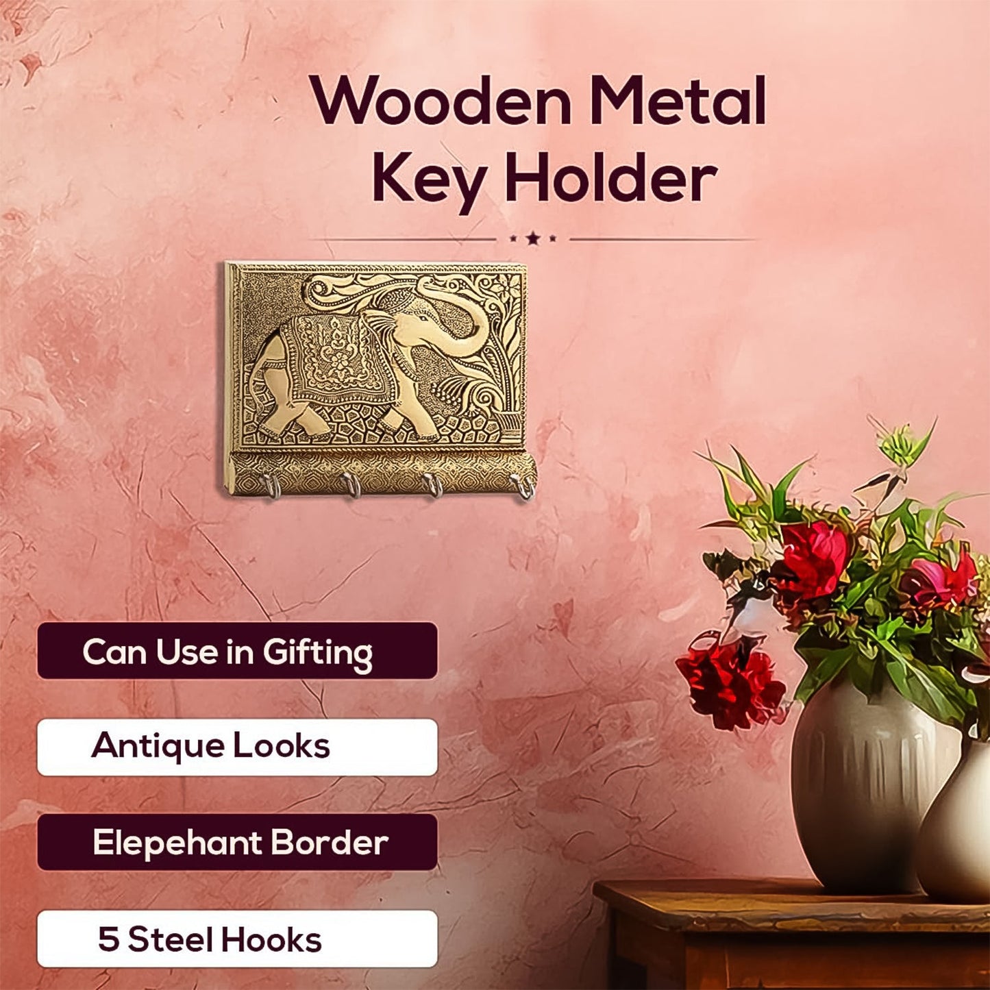 Wooden Key Holder For Home Decor Stylish Metal Gold Antique Elephant Design (1 Pc) - Happy Price - Image 2