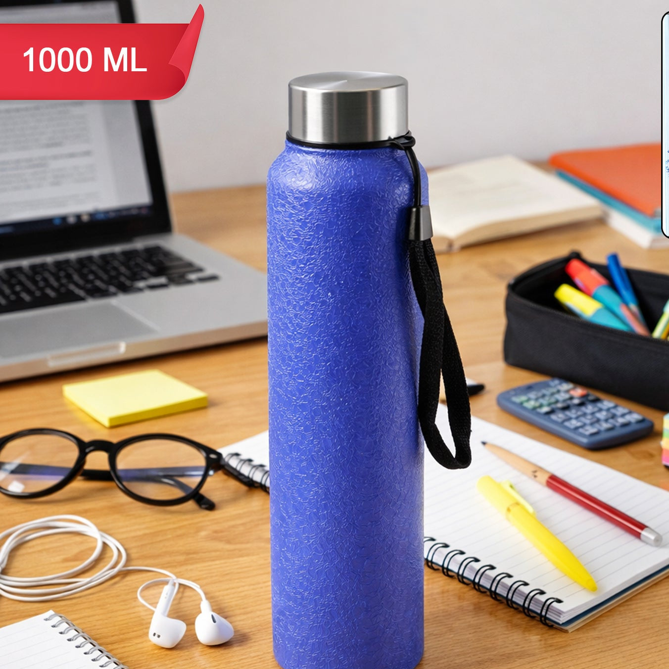 Classic Stainless Steel Water Bottle Blue Color (1000 Ml 1 Pc)