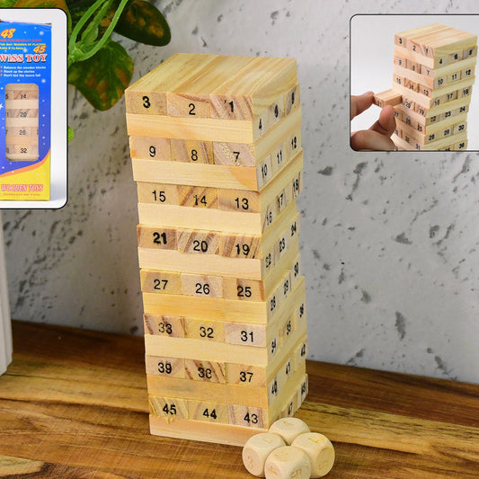 54 Wooden Tumbling Blocks with 4 Dice Game Set - Happy Price - Image 1