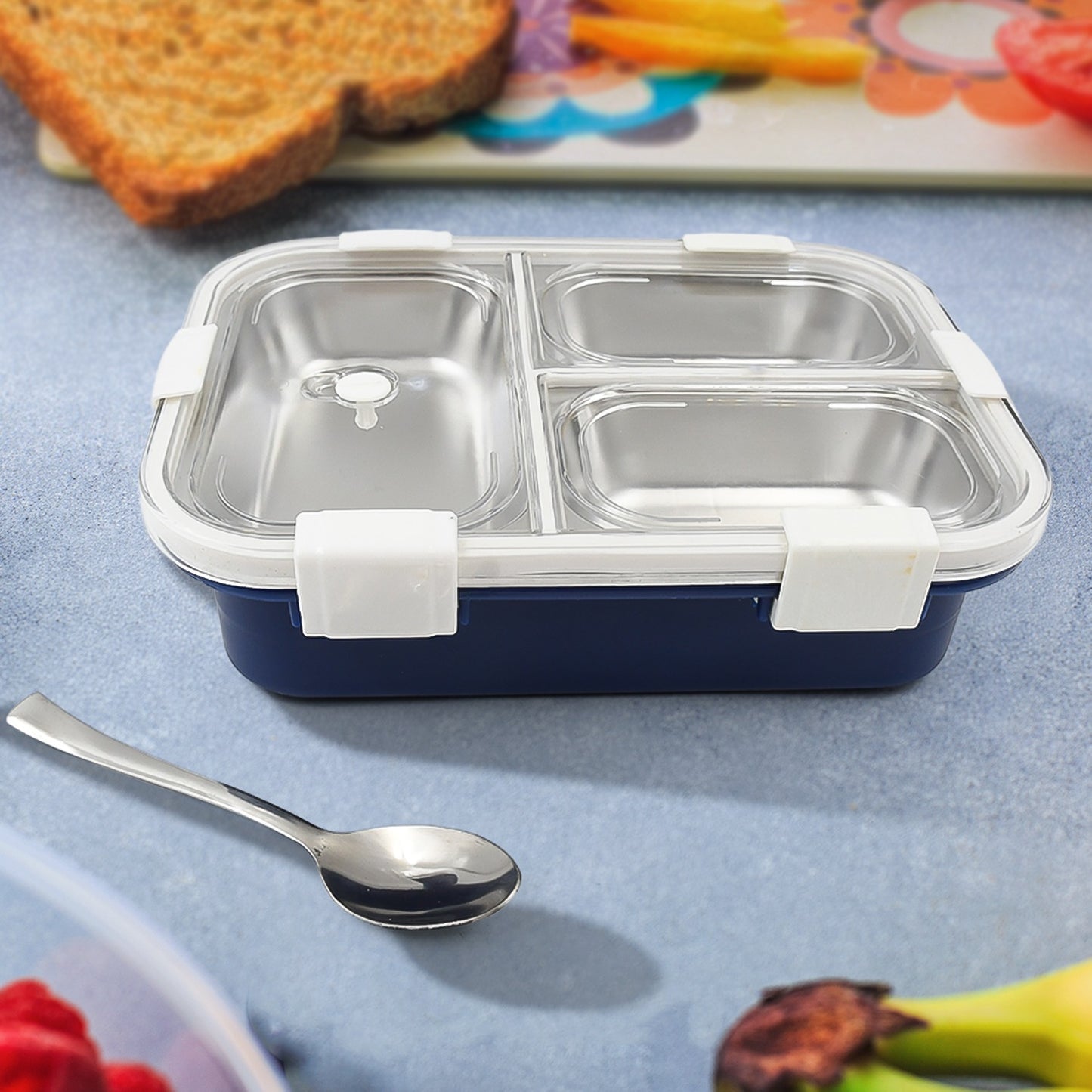 3 Compartment Transparent Stainless Steel Lunch Box For Kids Tiffin Box Lunch Box Lunch Box For Kids Insulated Lunch Box Lunch Box For Office Women And Men Stainless Steel Tiffin Box For Boys Girls School Office - Happy Price - Image 2