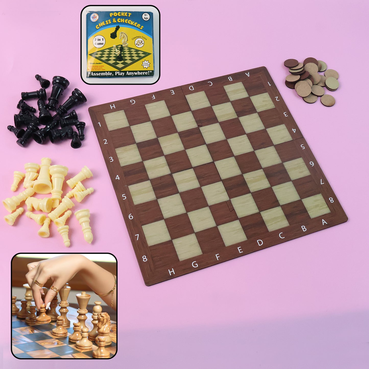2-in-1 Chess and Checkers Travel Game Set - Foldable Board with Pieces (1 Set) - Happy Price - Image 6