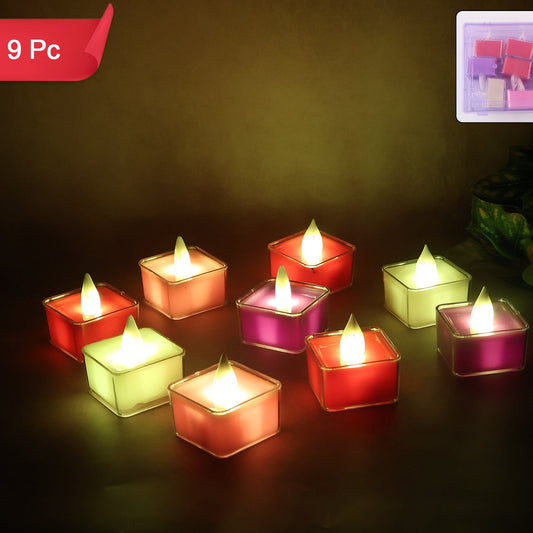 LED Flameless Tealight Candles - 9 Pc Set with Multicolor Square Holders - Happy Price - Image 1