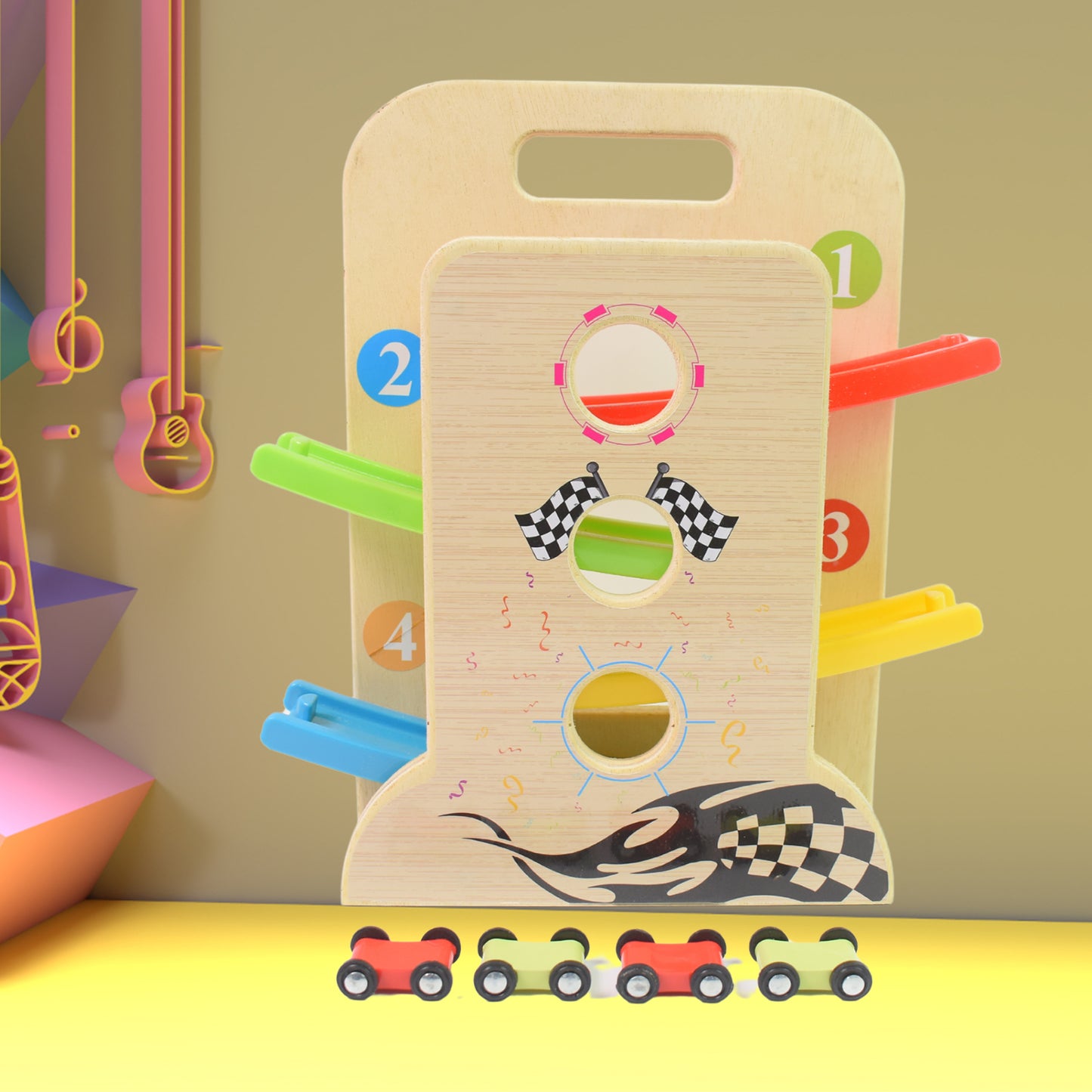 Wooden Ramp Racer Race Track Vehicle Play Sets With 4 Mini Racers (With Handle) - Happy Price - Image 5