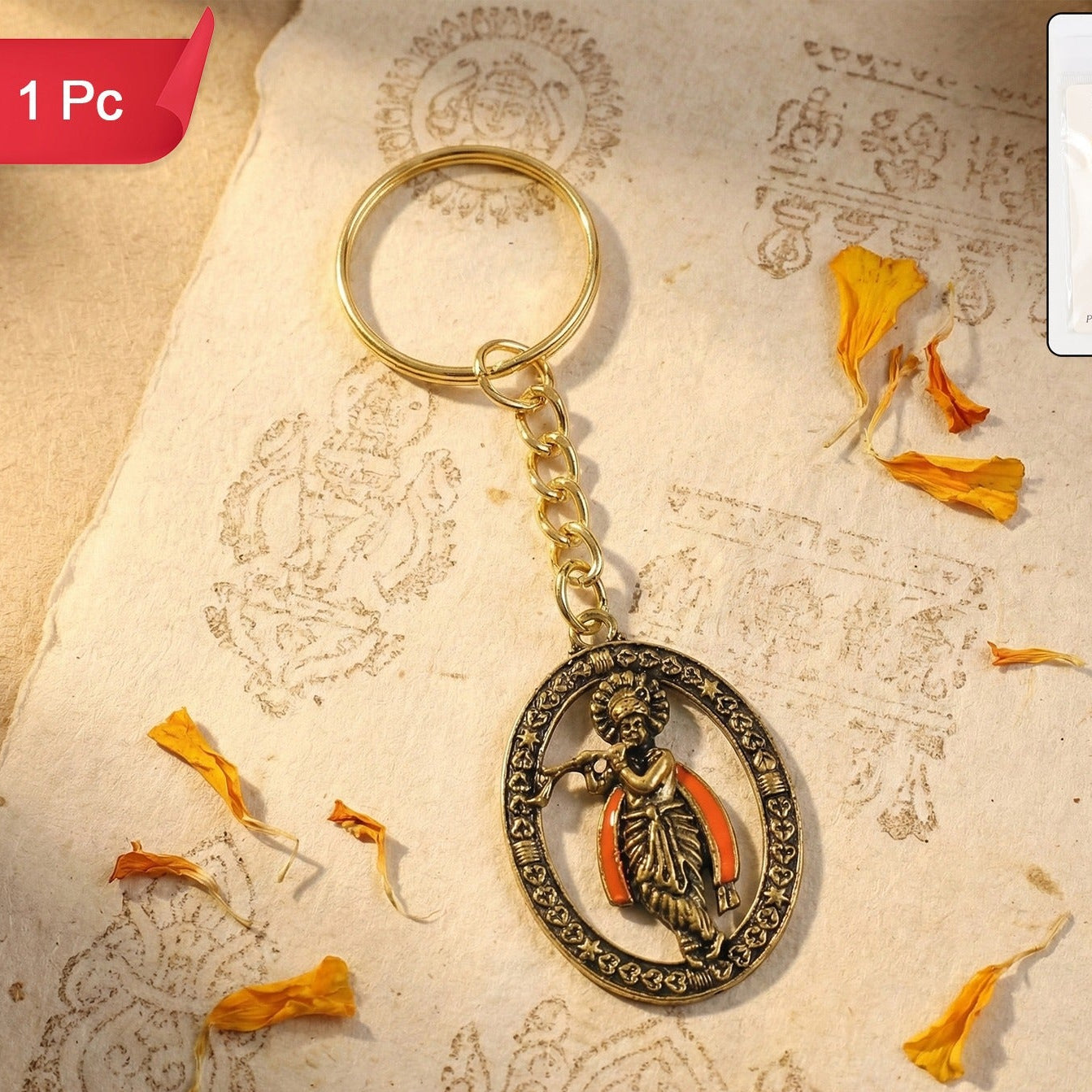 Lord Krishna Metal Keychain - Antique Finish Decorative Religious Key Ring (1 Pc) - Happy Price - Image 1