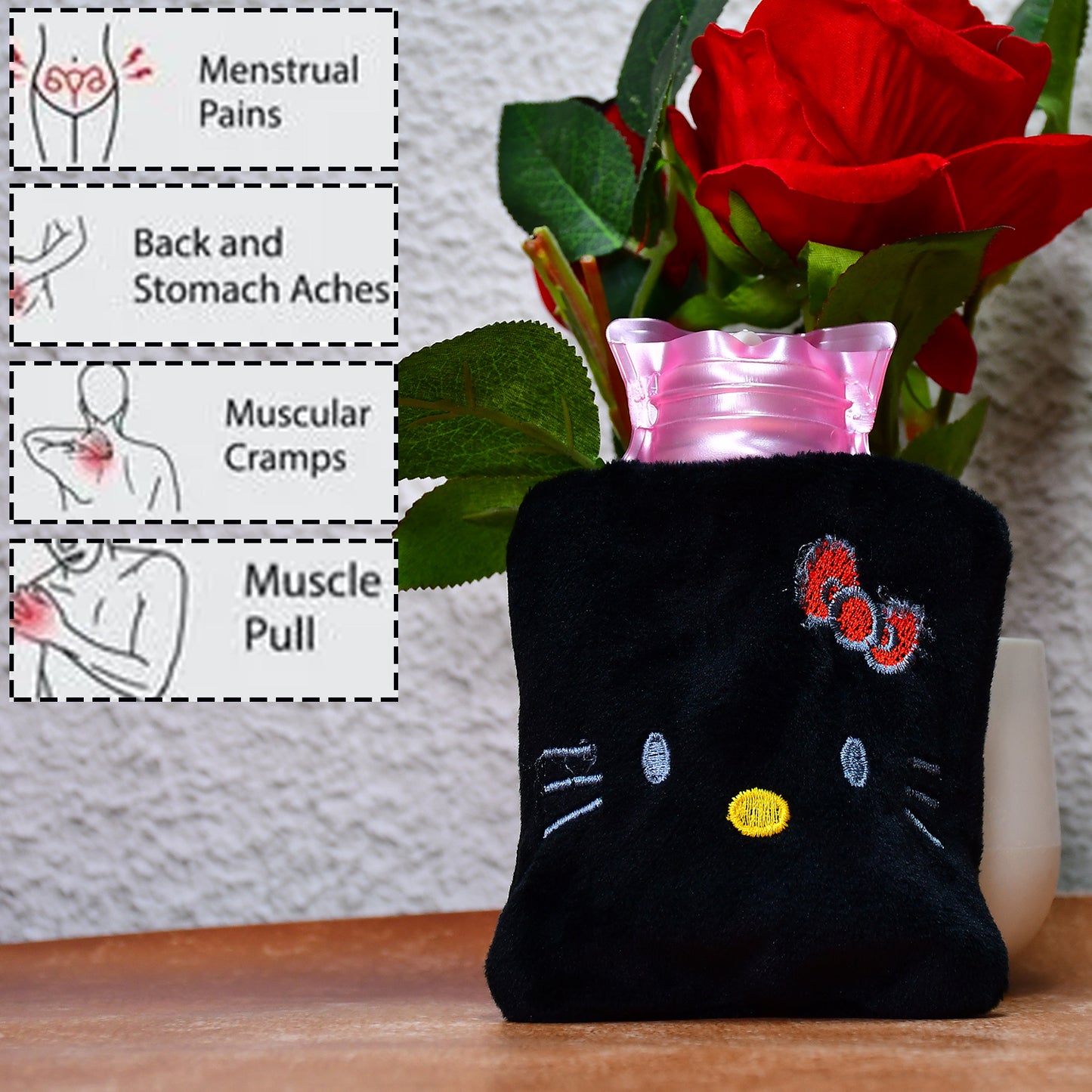 Black Hello Kitty Small Hot Water Bag With Cover For Pain Relief Neck Shoulder Pain And Hand Feet Warmer Menstrual Cramps. - Happy Price - Image 7