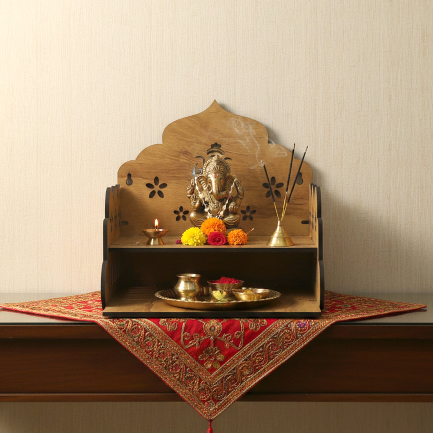 1 Pc Wooden Pooja Mandir Stand for Home & Office - Tabletop Temple with Ganesha Back Panel - Happy Price - Image 3