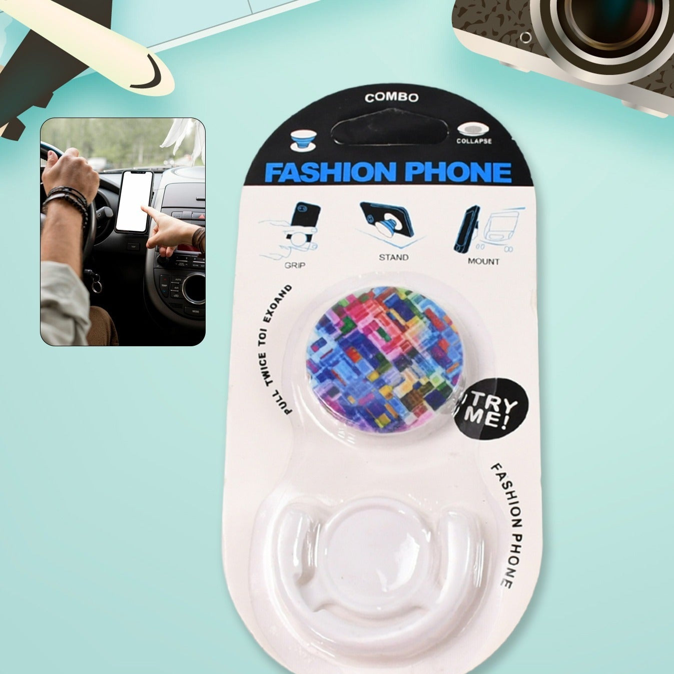 Floral Pattern Phone Grip Holder & Stand with Car Mount Clip - Happy Price - Image 1