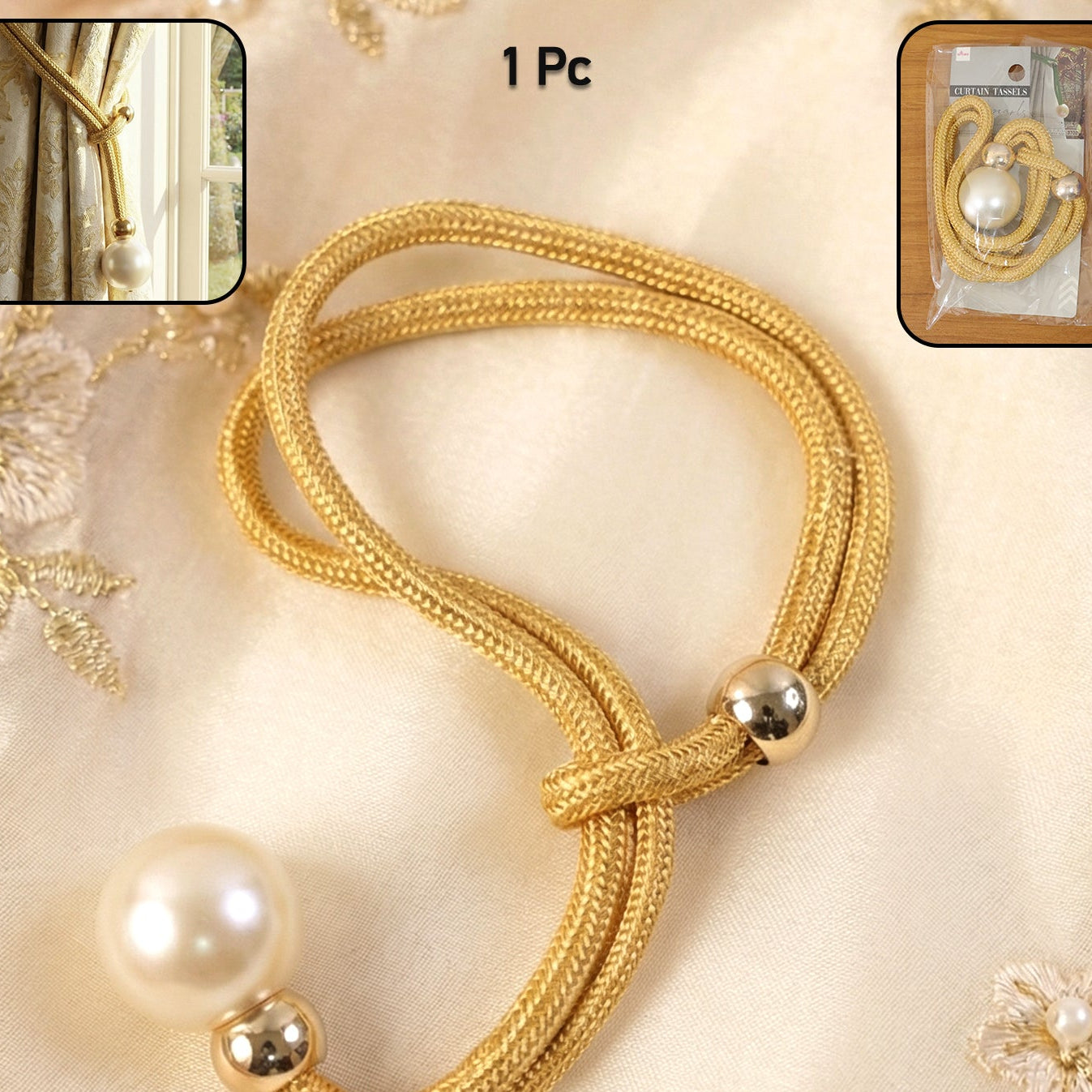 Decorative Curtain Tieback with Pearl Accent - 1 Pc - Happy Price - Image 1