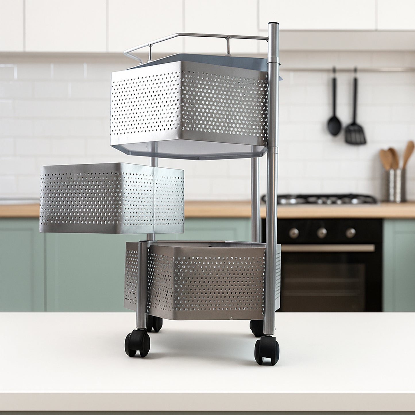 Premium 3-Layer Hexagon Kitchen Storage Trolley with Wheels (1 Pc) - Happy Price - Image 4