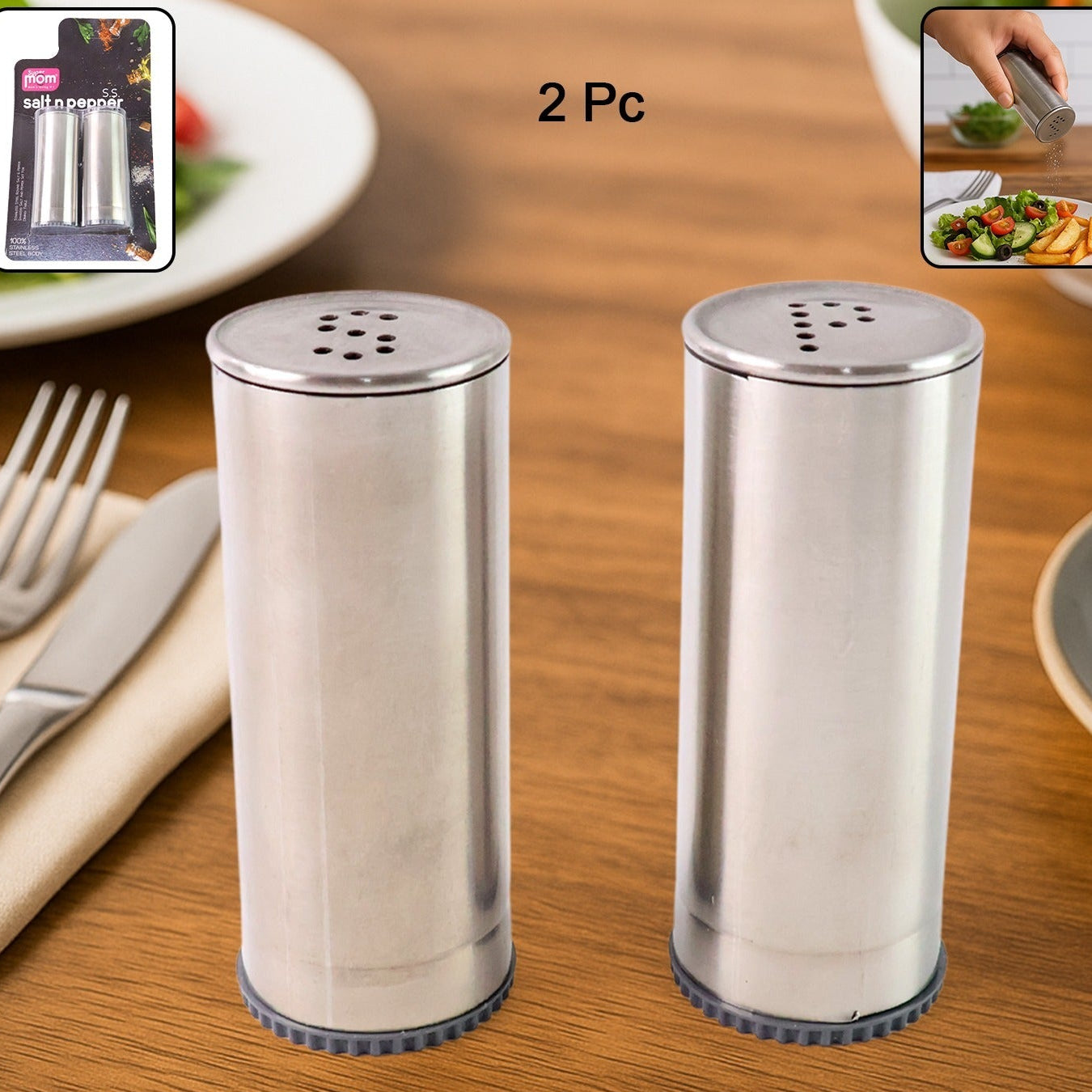Stainless Steel Salt & Pepper Shakers Set - 2 Piece Cylindrical Spice Dispensers - Happy Price - Image 1