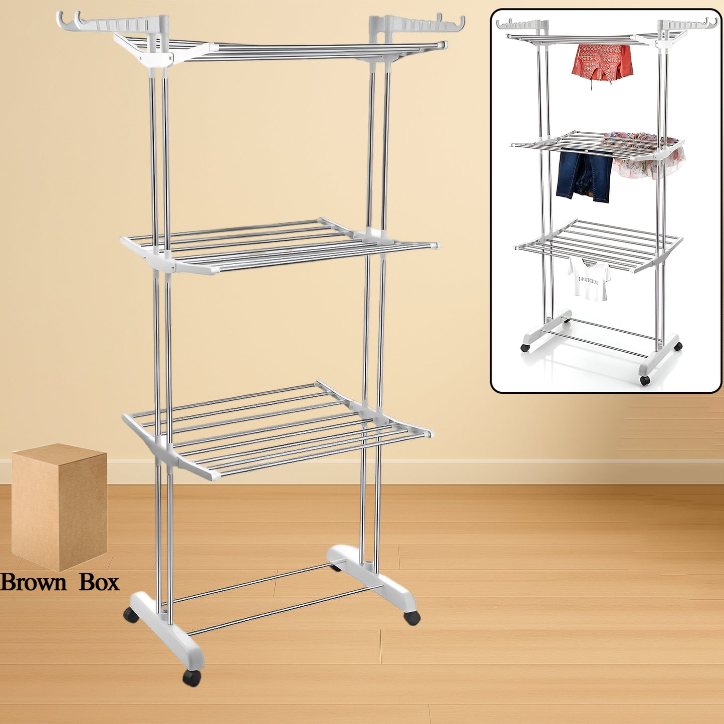 3-tier Foldable Stainless Steel Cloth Drying Stand With Wheels - Happy Price - Image 2