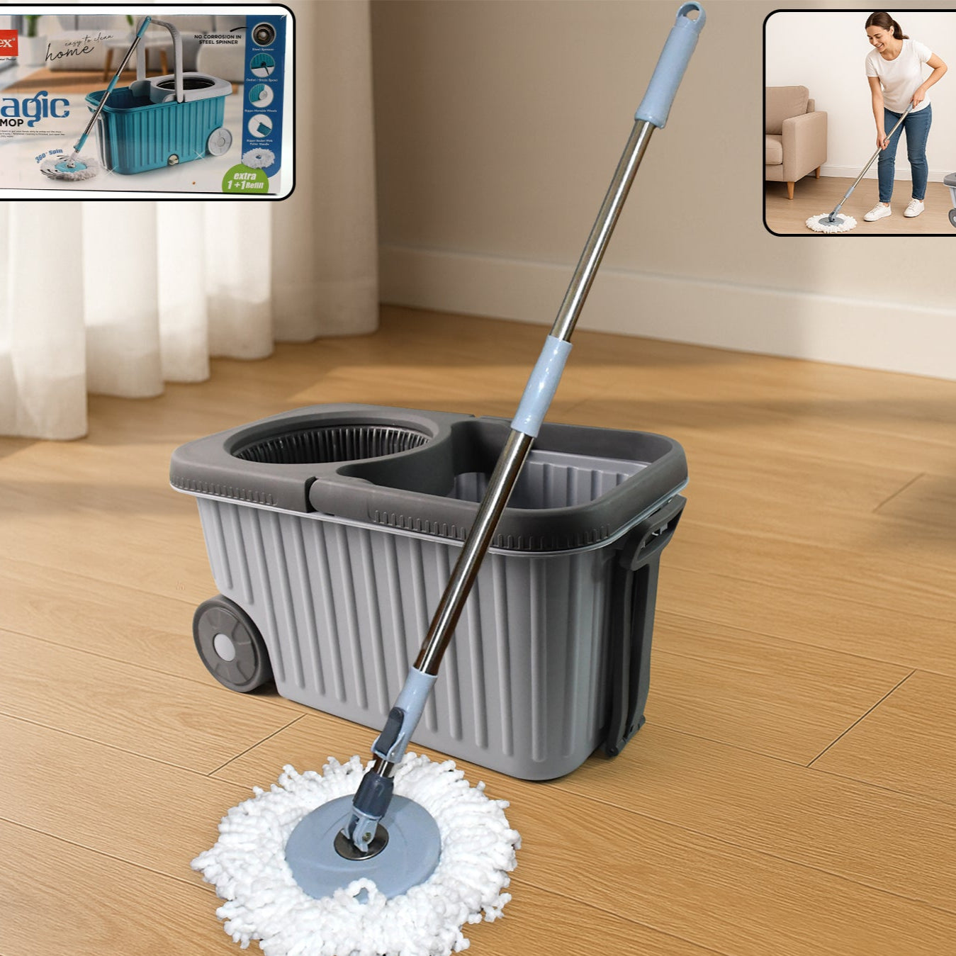 Apex Magic Spin Mop Cleaning Set With Dual Chamber Bucket  Wheels - Happy Price - Image 1