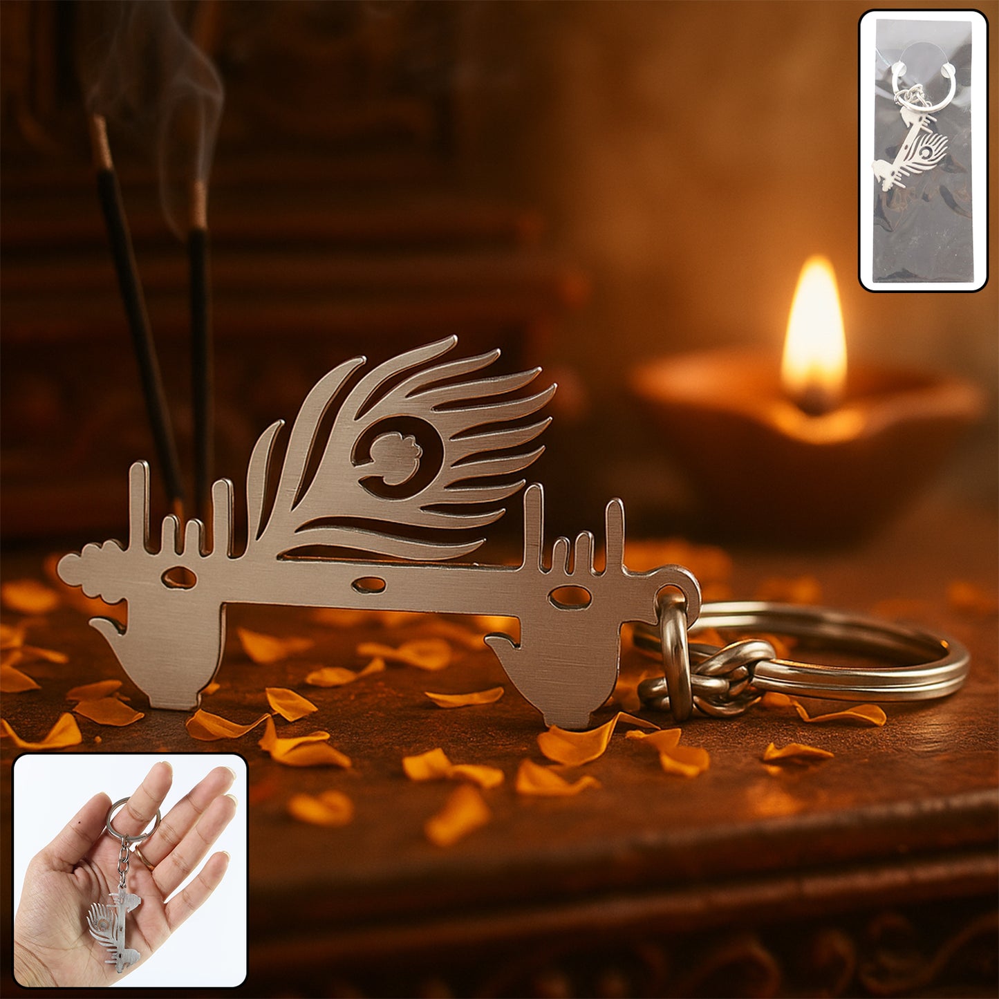 Krishna Flute & Peacock Feather Metal Keychain - 1 Pc - Happy Price - Image 3