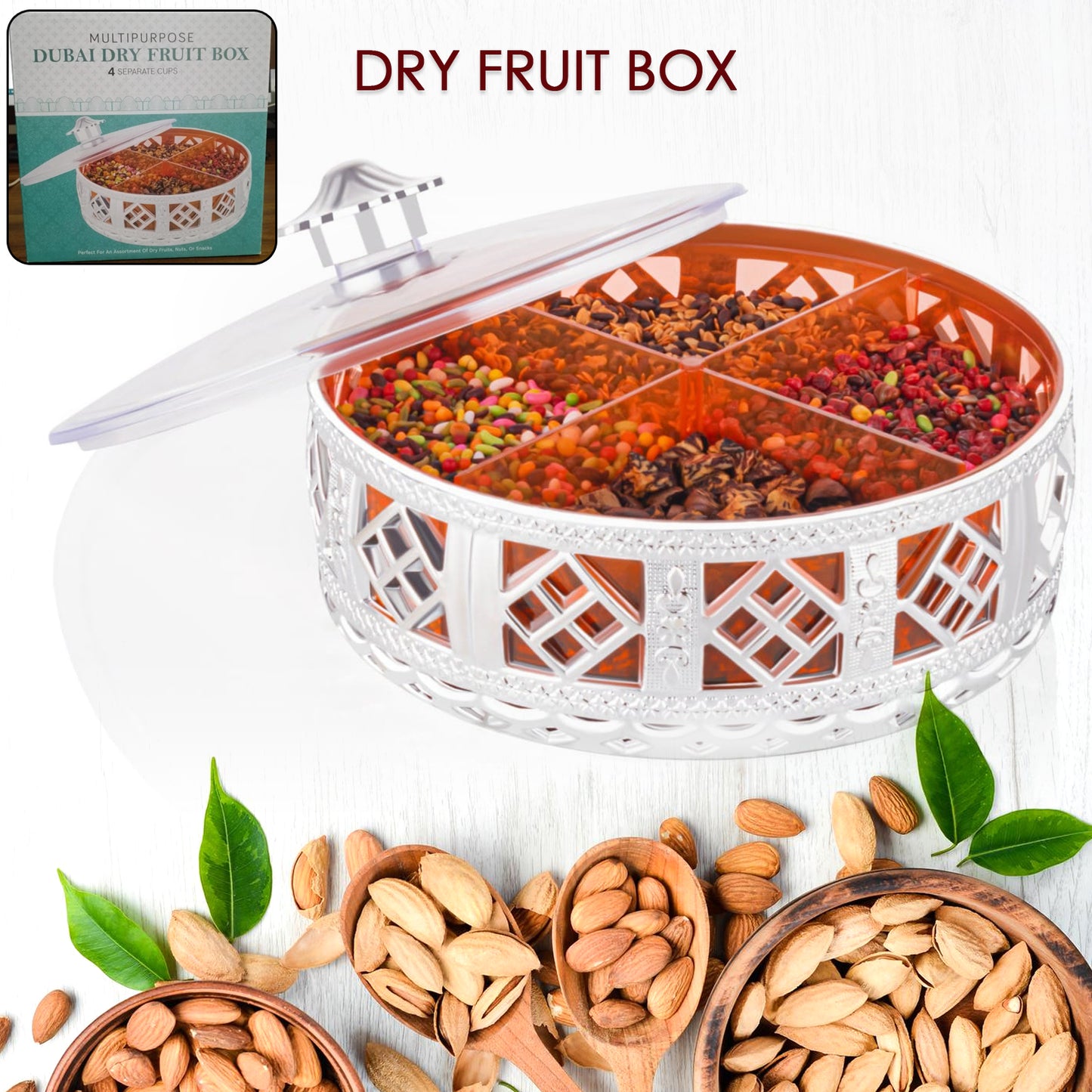 Multipurpose Dry Fruit Box 4 Section Dry Fruit Round Silver Gift Box (1 Pc) - Happy Price - Image 2