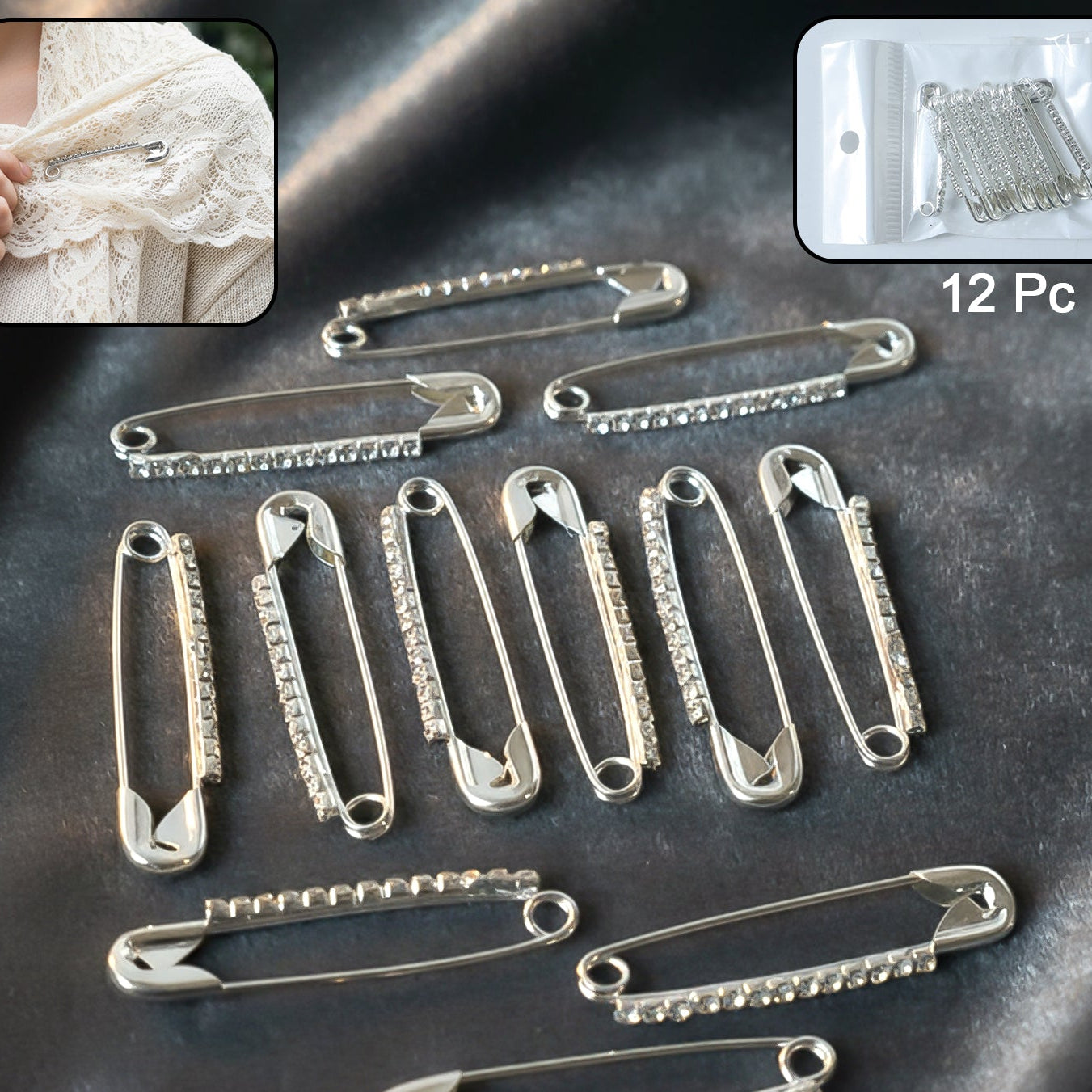 Decorative Silver Finish Brooch Pin Set - 12 Piece Collection - Happy Price - Image 1