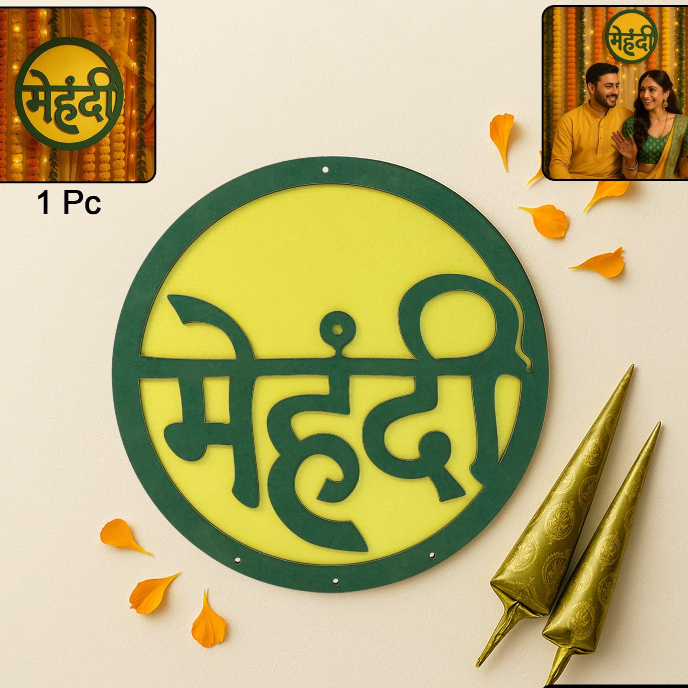 Mehndi Ceremony Round Backdrop Sign - Hindi "Mehndi" Wall Plaque (1 Pc) - Happy Price - Image 1