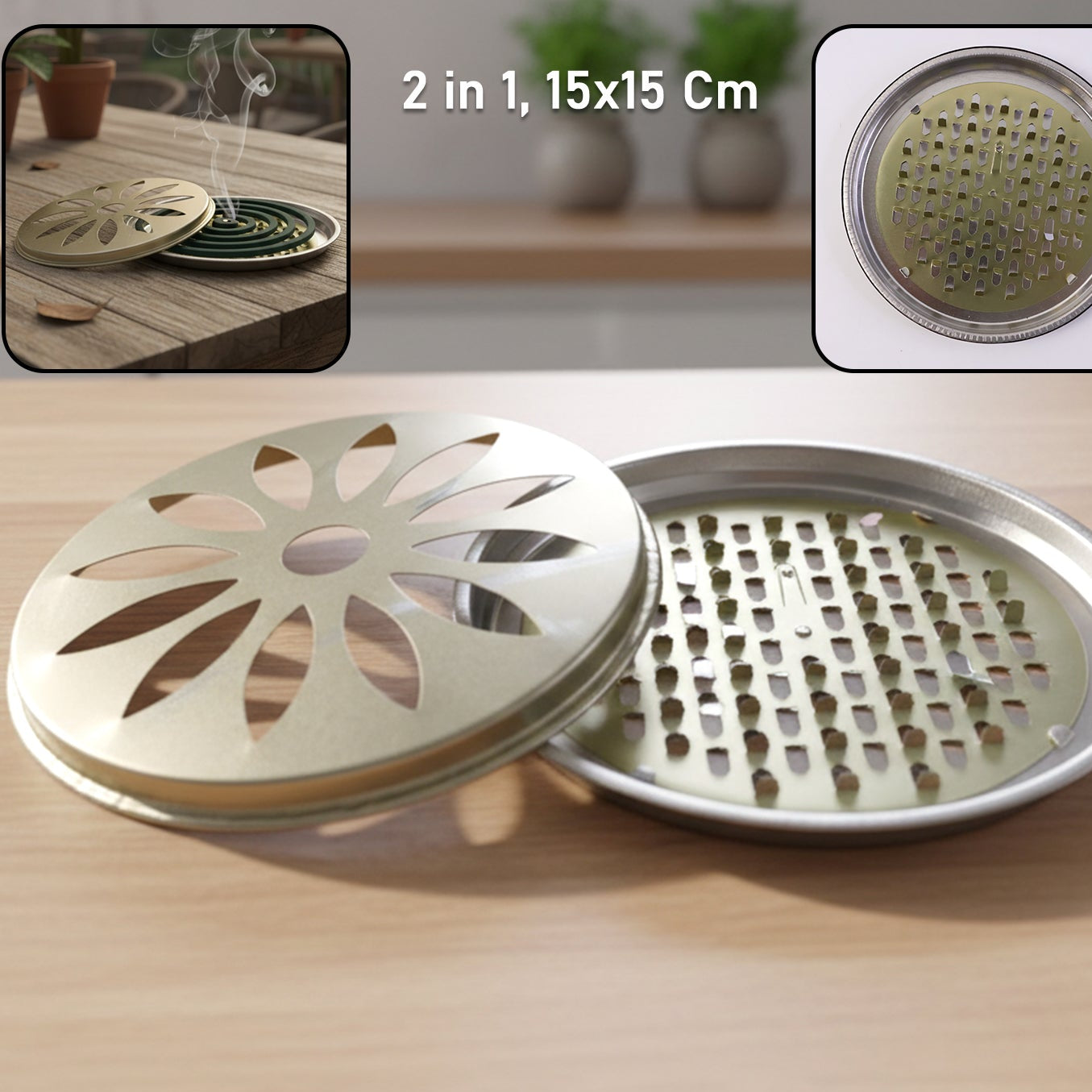2-in-1 Metal Mosquito Coil Holder & Incense Burner, 15x15 Cm - Happy Price - Image 1