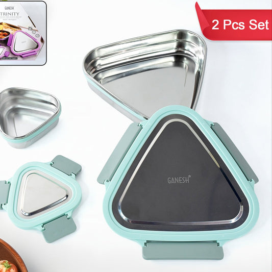 Ganesh Trinity 2-piece Stainless Steel Triangle Lunch Box Set - Happy Price - Image 1