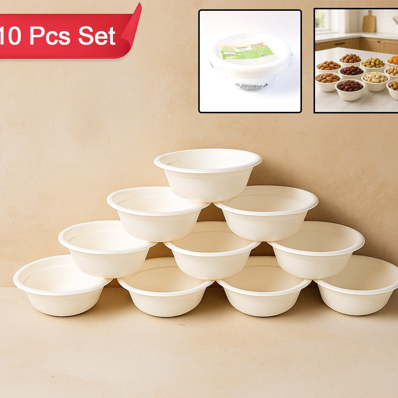 HappyPrice 240 ML Compostable Bagasse Bowls - Pack of 10 Eco-Friendly Serving Dishes - Happy Price - Image 1